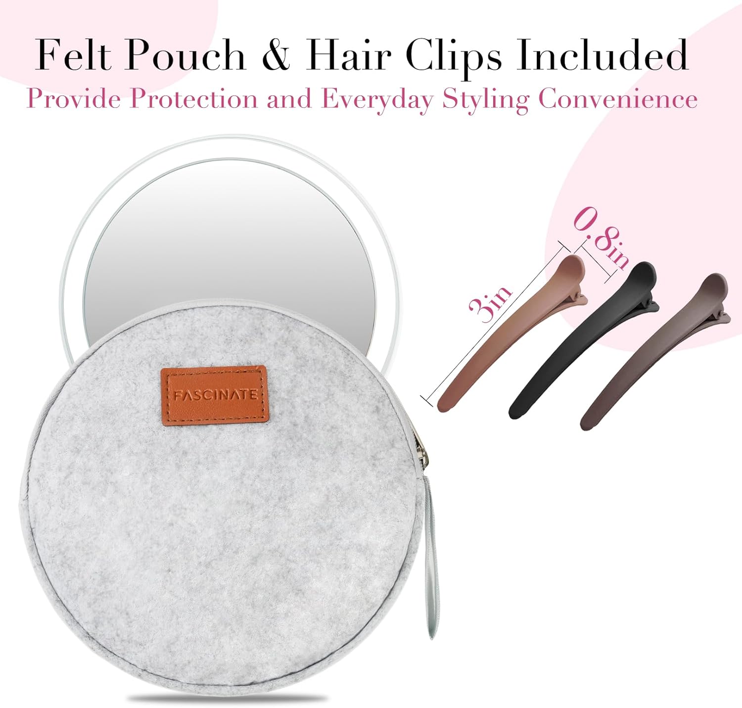 FASCINATE 30X/1X Lighted Magnifying Mirror, Rechargeable Double Sided Travel Makeup Mirror with 3 Color Lighting, Adjustable Stand, Portable Vanity Mirror, Includes Hair Clip