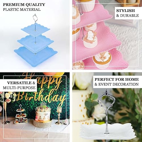 Miniatura 4 de Efavormart - Soporte para magdalenas con estampado floral de 3 niveles, soporte cuadrado rosa para postres con bordes ondulados, plástico