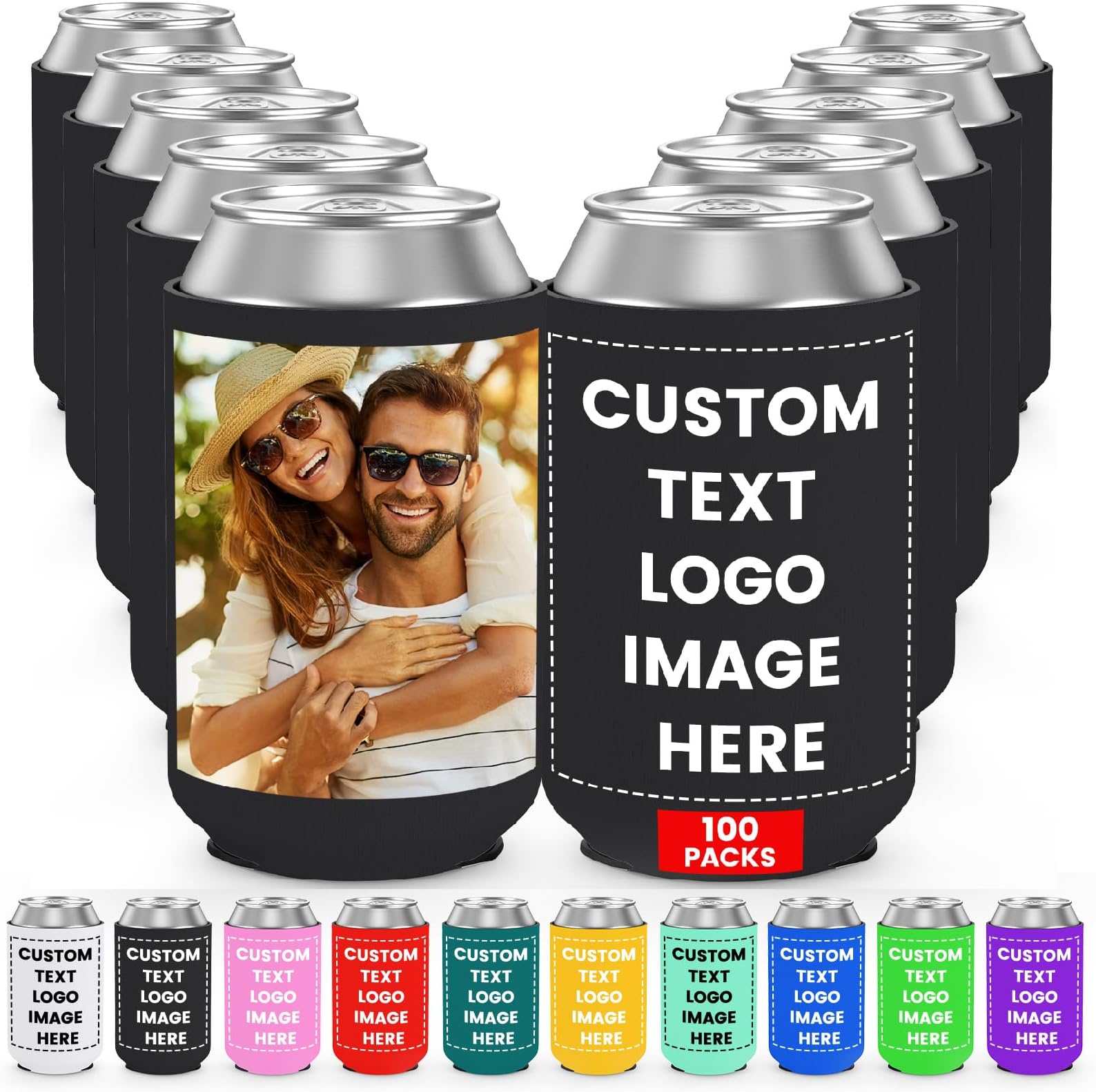 - 100 Pack Custom Can Coolers Sleeves Bulk Insulated Can Sleeve for 12 OZ Cans & Bottles - Customized Text Logo Picture Birthday Party Wedding Favors & Gifts