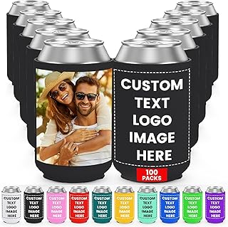 100 Pack Custom Can Coolers Sleeves Bulk Insulated Can Sleeve for 12 OZ Cans & Bottles - Customized Text Logo Picture Birthday Party Wedding Favors & Gifts