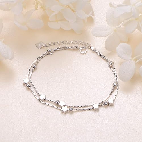 Miniatura 3 de Pulsera de plata de ley S925 con cuentas de corazón y estrellas de doble cadena, ajustable, regalo para mujeres y niñas, de 7 + 2 pulgadas