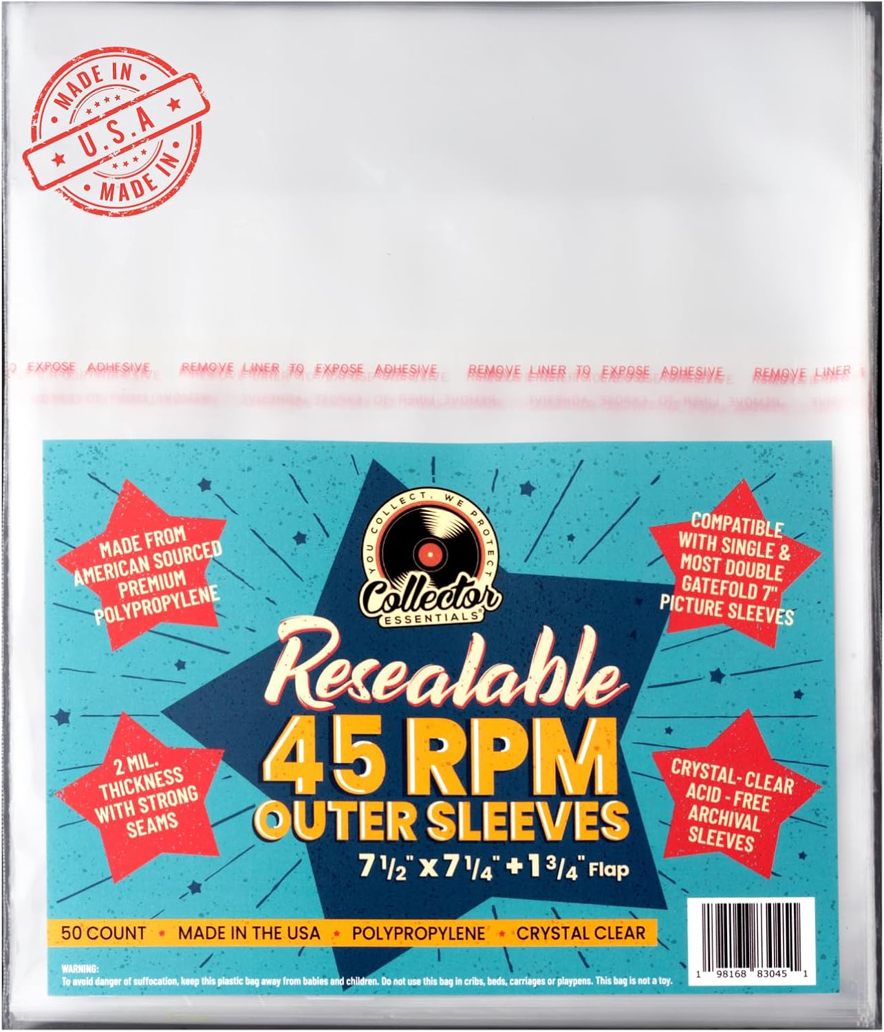 50-Pack Resealable 45RPM Vinyl Record Outer Sleeves Japanese-Style 7 Inch
