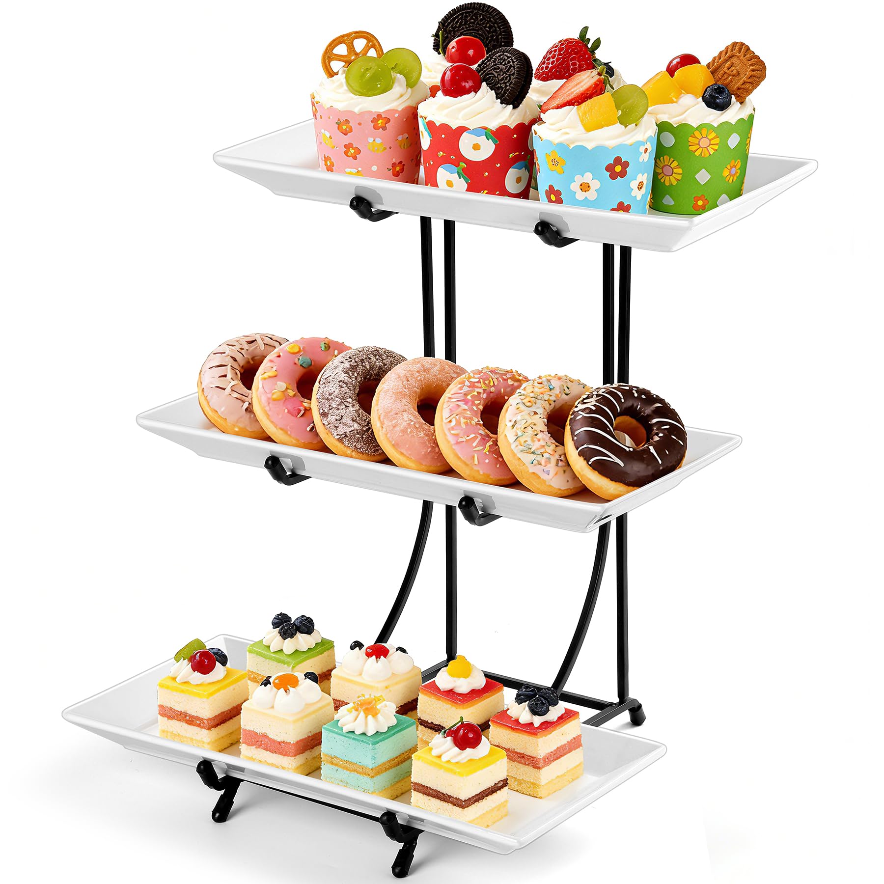 Yedio 3 Tier Serving Tray Set – 12 Inch Porcelain Serving Platters with Pre-Assembled Black Metal Stand, No Installation Required, Tiered Tray for Dessert Fruit Food Display and Party Entertaining