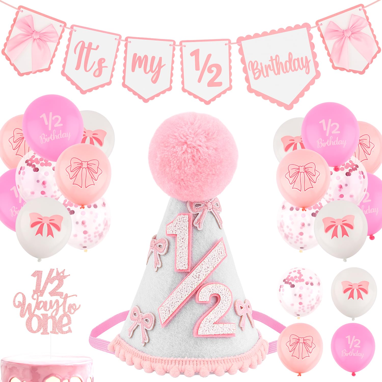 Atoden 1/2 Birthday Girl Hat Half Birthday Decorations Banner Cake Topper Balloon Princess Crown 6 Months Outfit Bow Party