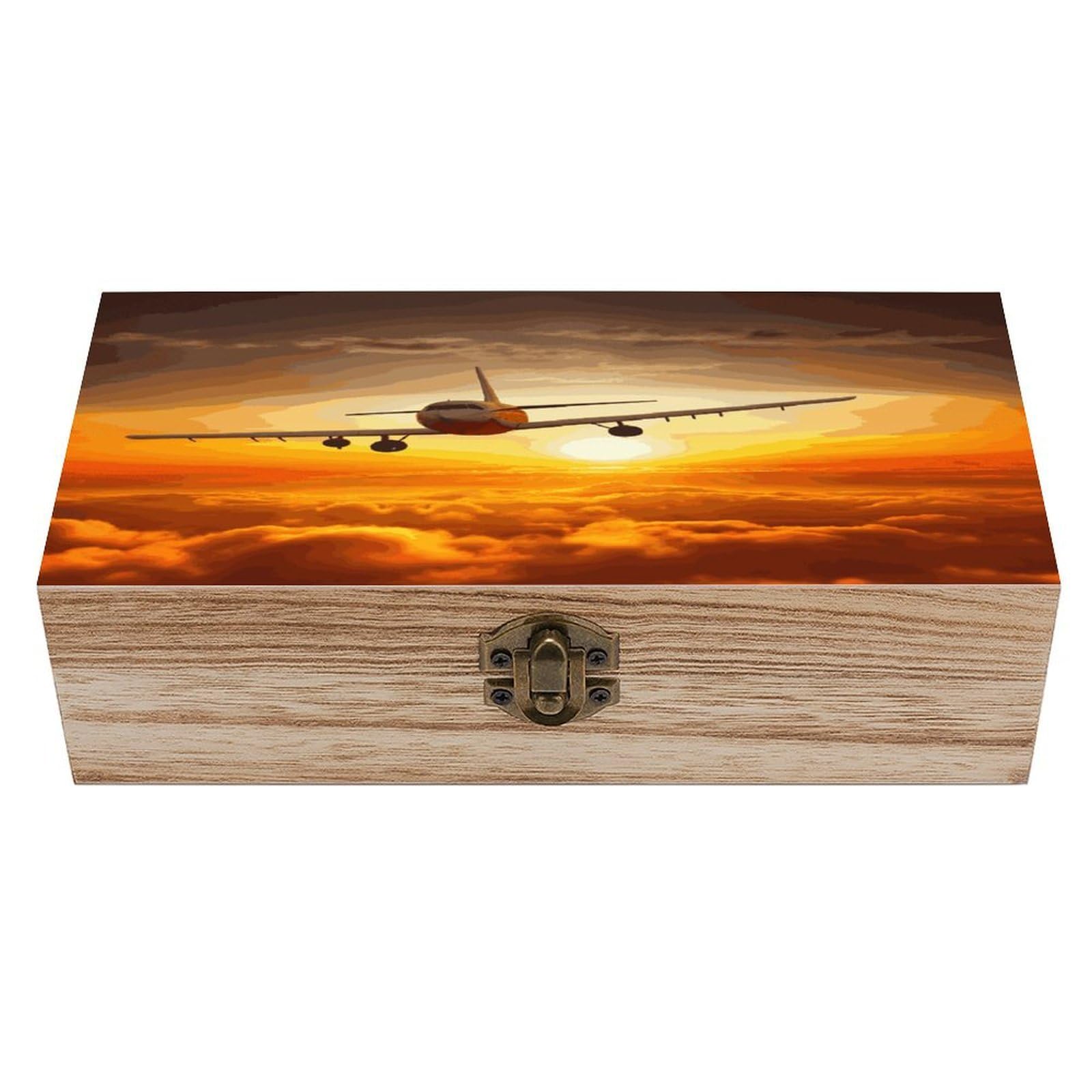 VstaDank Aircraft Plane at Sunset Wooden Storage Box Wooden Keepsake Box with A Hinged Lid Fashion Memory Treasure Boxes Decorative Jewelry Case for Crafts Photo Home Decor Wood Gift Box