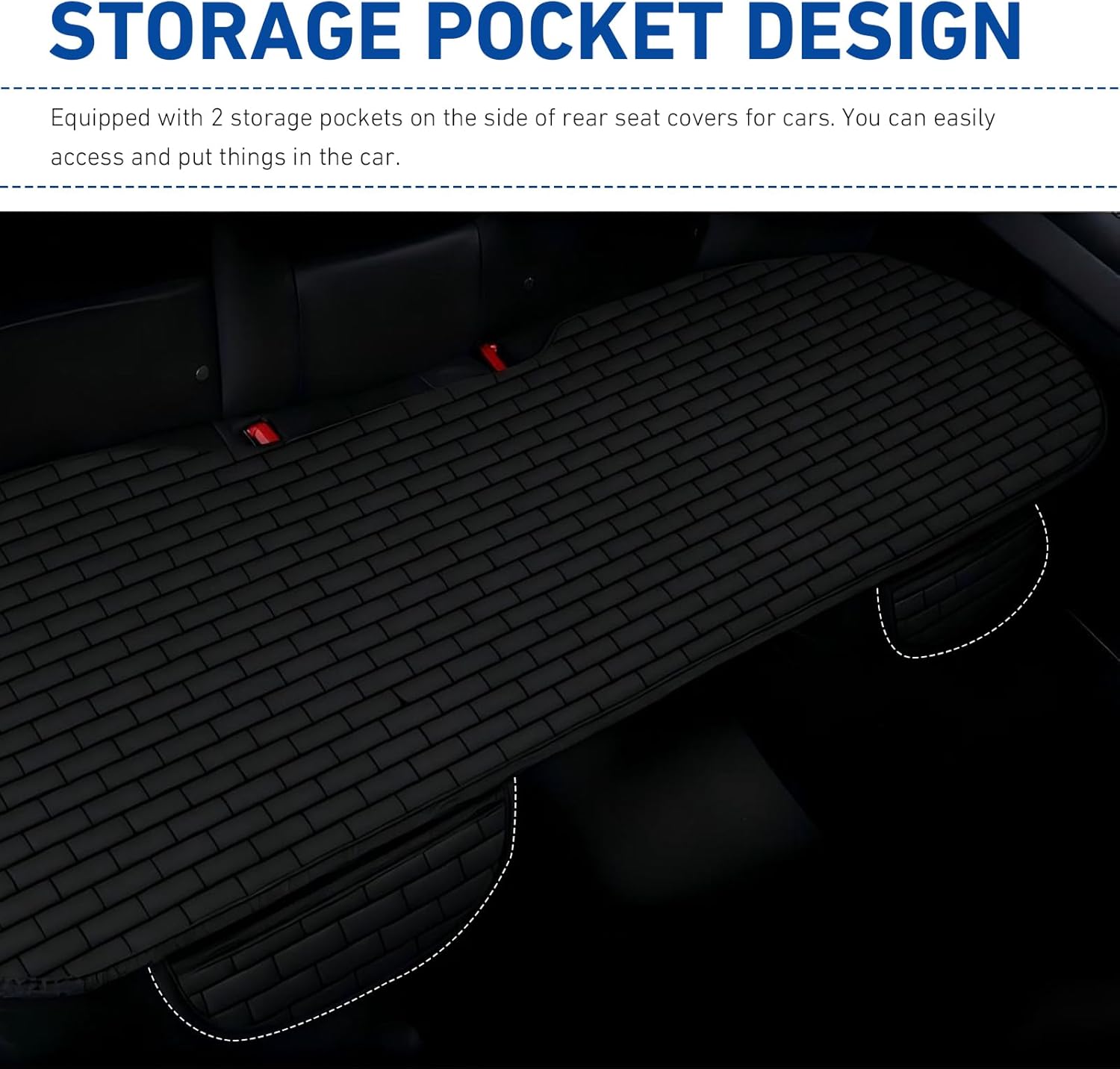 Car Back Seat Cover, 52" x 23" Anti-slip Breathable Rear Bench Seat Protector Cushion Pad, Niversal All-season Seats Back Protector with Storage Pockets, for Most Cars SUVs (Black)