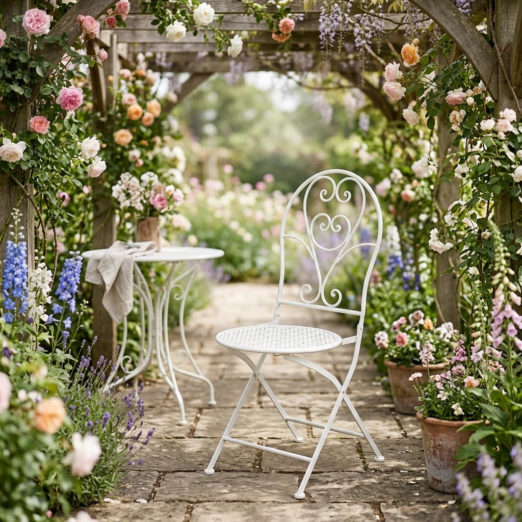 DiKasa Sedia Pieghevole in metallo bianco stile shabby chic - Sedia in ferro battuto con seduta rotonda senza braccioli, salvaspazio per giardino, balcone, cucina, terrazza ed eventi, 40x54x94 cm