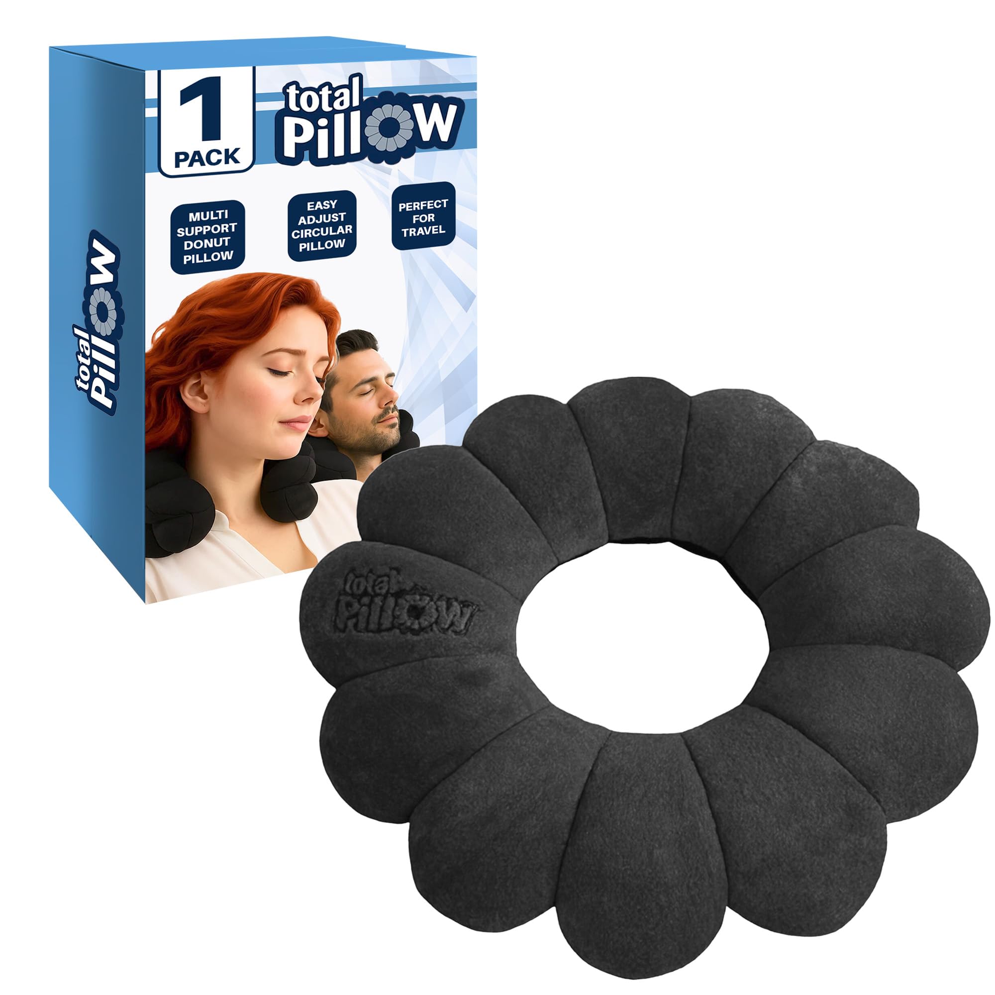 Donut Pillow for Airplane & Travel, Sleeping Neck Pillow, Microbead Comfortable Pillow for Neck, Head, Back, Lumbar & Pelvic Support, Twists to Many Positions - Black