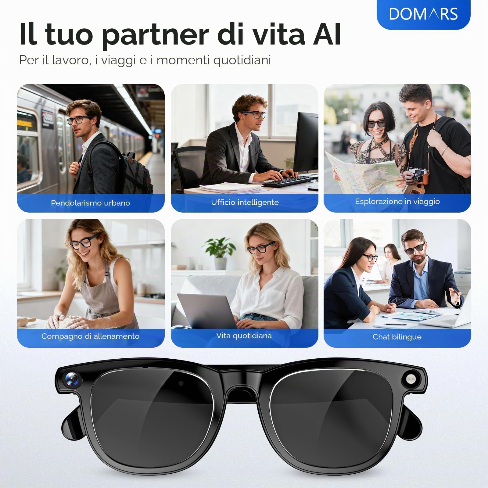Occhiali Intelligenti AI,Equipaggiati con Fotocamera 8 Megapixel e ChatGpt,Supporta Registrazione Vivavoce Bluetooth 5.3,Traduzione in Tempo Reale da IA