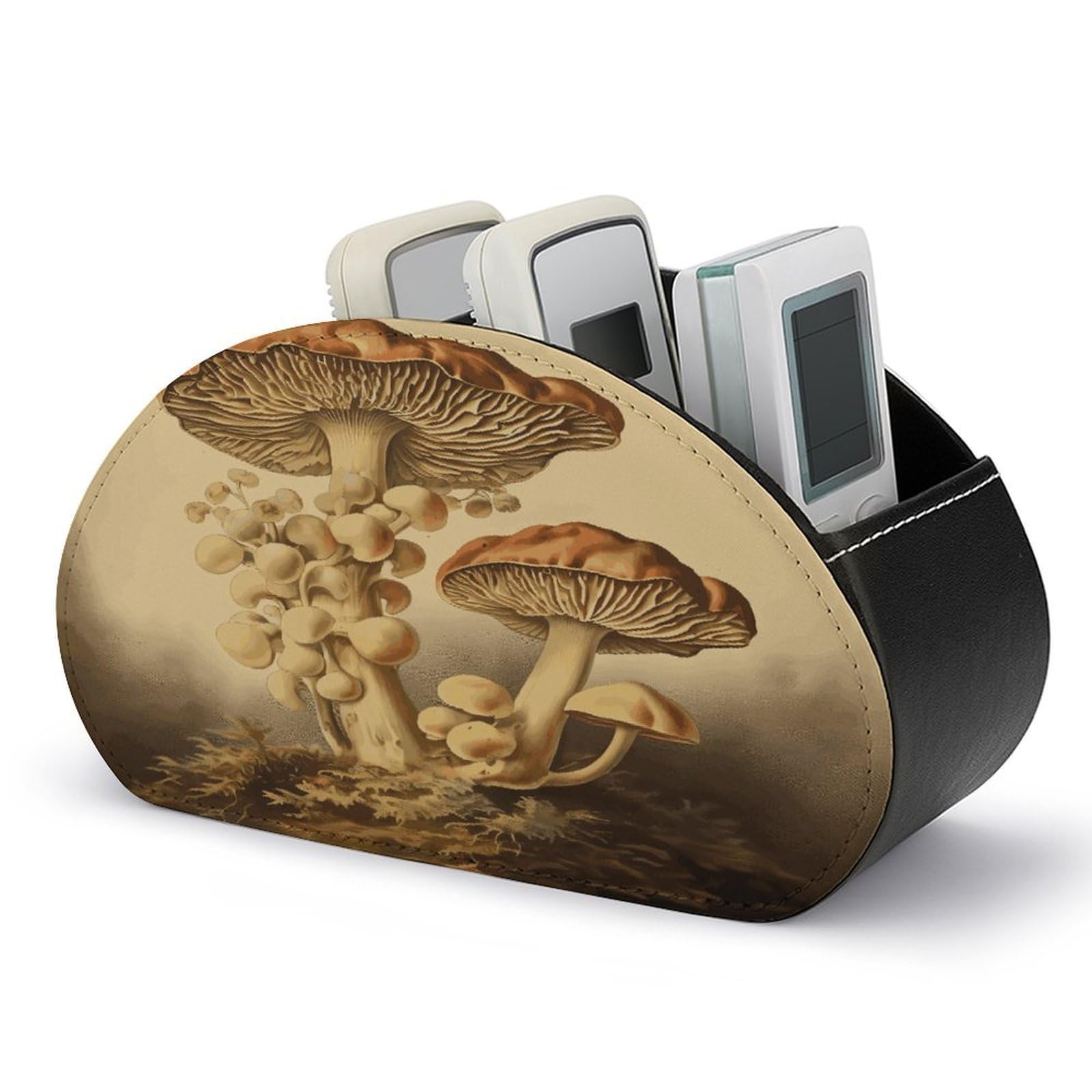 LZQPOEAS Vintage Mushrooms Remote Control Holder with 5 Compartments PU Leather Remote Organizer Box Caddy for Table Nightstand Remote Caddy Desktop Organizer Fits Media Controllers