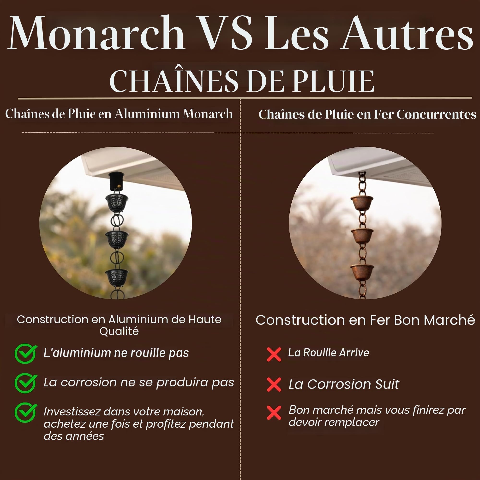 Monarch Rain Chains Chaîne de Pluie décorative en Aluminium martelé avec revêtement en Poudre Noire de 2,6 m pour gouttières, Tuyau de Descente de Rechange en Aluminium Noir