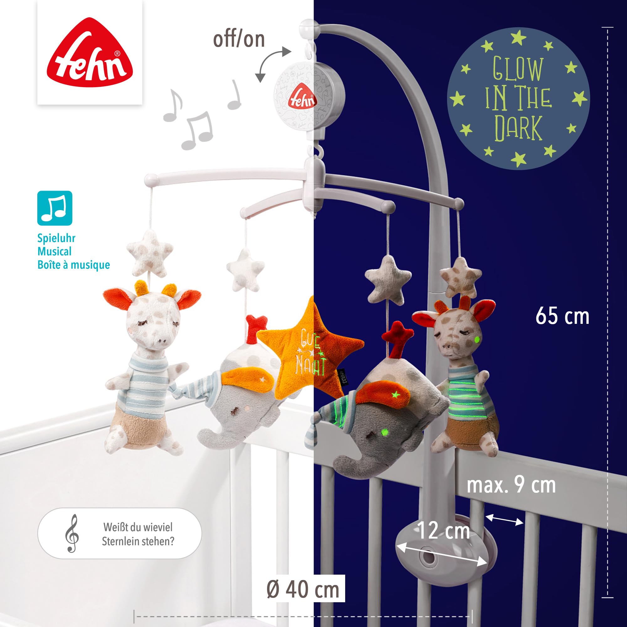 Fehn Mobile musical Gute Nacht - Mobile à remonter avec mélodie musicale Sais-tu combien il y a d'étoiles et figurines pour apaiser et occuper - Avec fixation au lit pour bébé de 0 à 5 mois