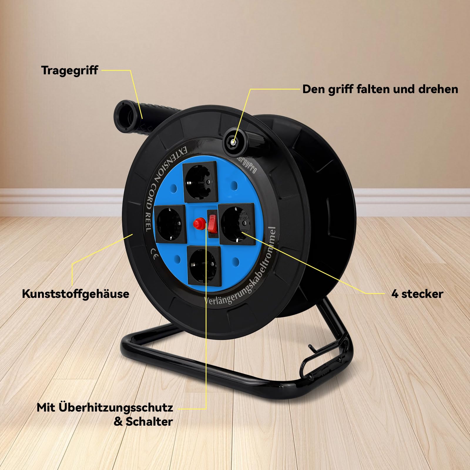 EnergyPro DL616B-EU Kabeltrommel leer IP44 4-fach Schuko Steckdosen, manueller Kabelaufroller mit klappbarem Griff, Leertrommel ohne Kabel