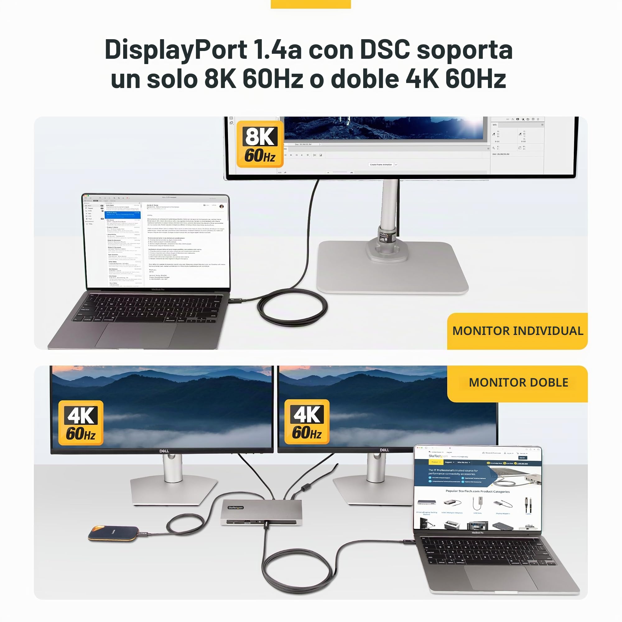StarTech Cable Thunderbolt 4 Activo 2m USB-C 40Gbps 100W PD Video 8K | Video 8K 60Hz, Doble 4K 60Hz, DisplayPort 1.4a con DSC, PCIe 3.0, Para MacBook M1 M2 M3