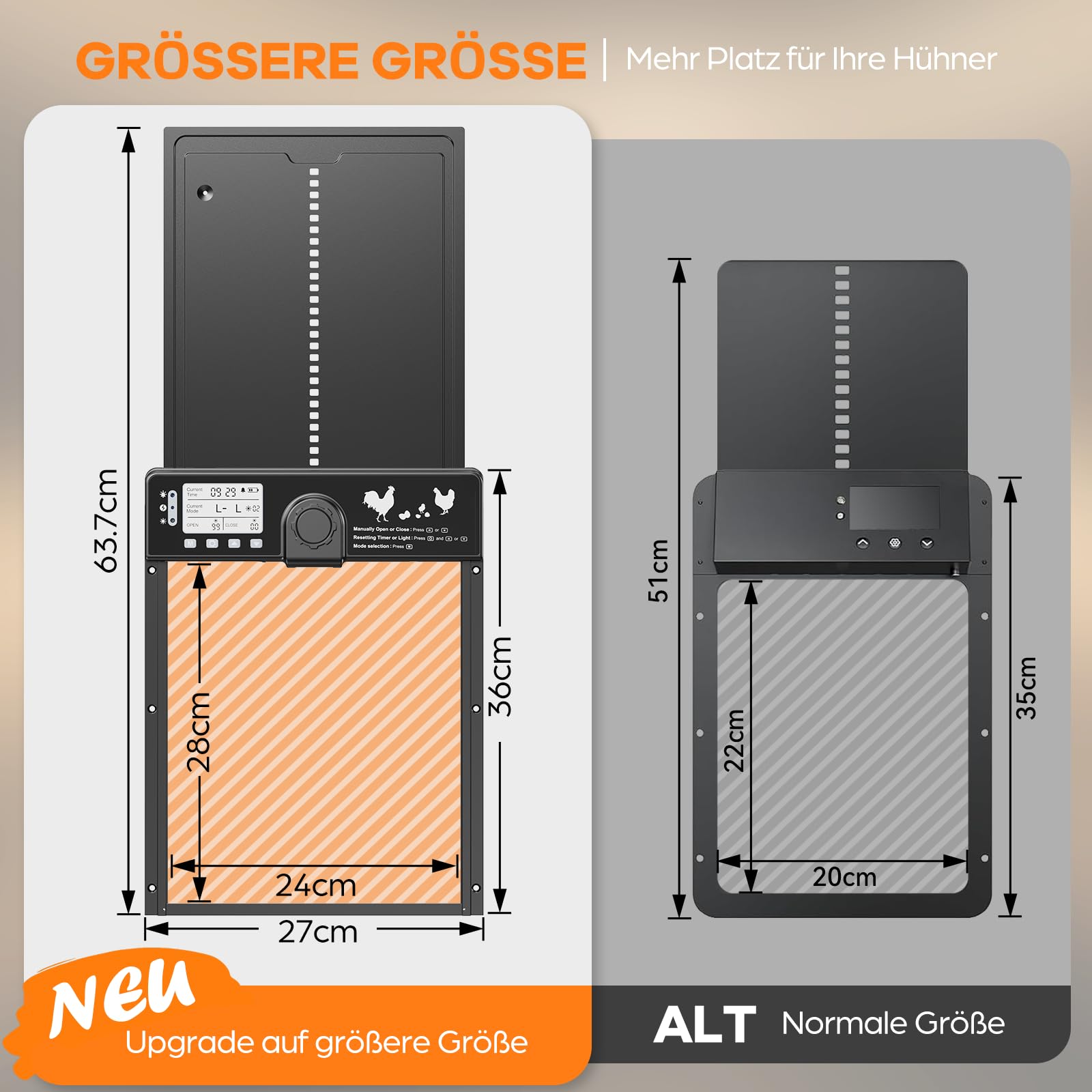 CHAMUTY Große Automatische Hühnerklappe Solar, Aluminum Elektrische Hühnerklappe Automatisch mit Lichtsensor, Zeitschaltuhr, LCD Display, 15M Fernbedienung, Intelligenter Einklemmschutz und Alarm