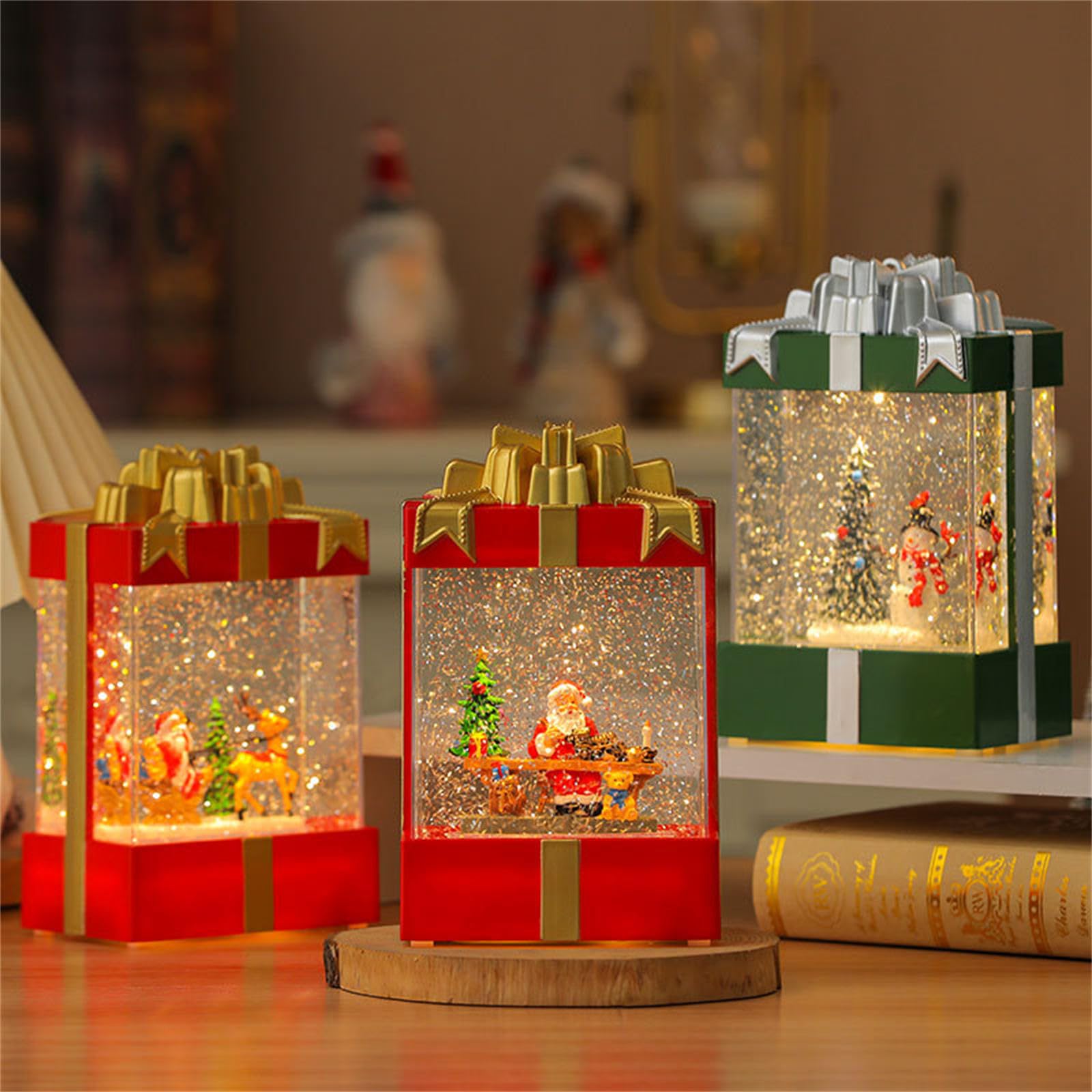 Weihnachts Schneekugel Lichterkette mit Weihnachtsmann Rentierschlitten Dekorationen, leuchtende Kastenform für Kinder, Kinderzimmer, Dekoration, Baumlichter