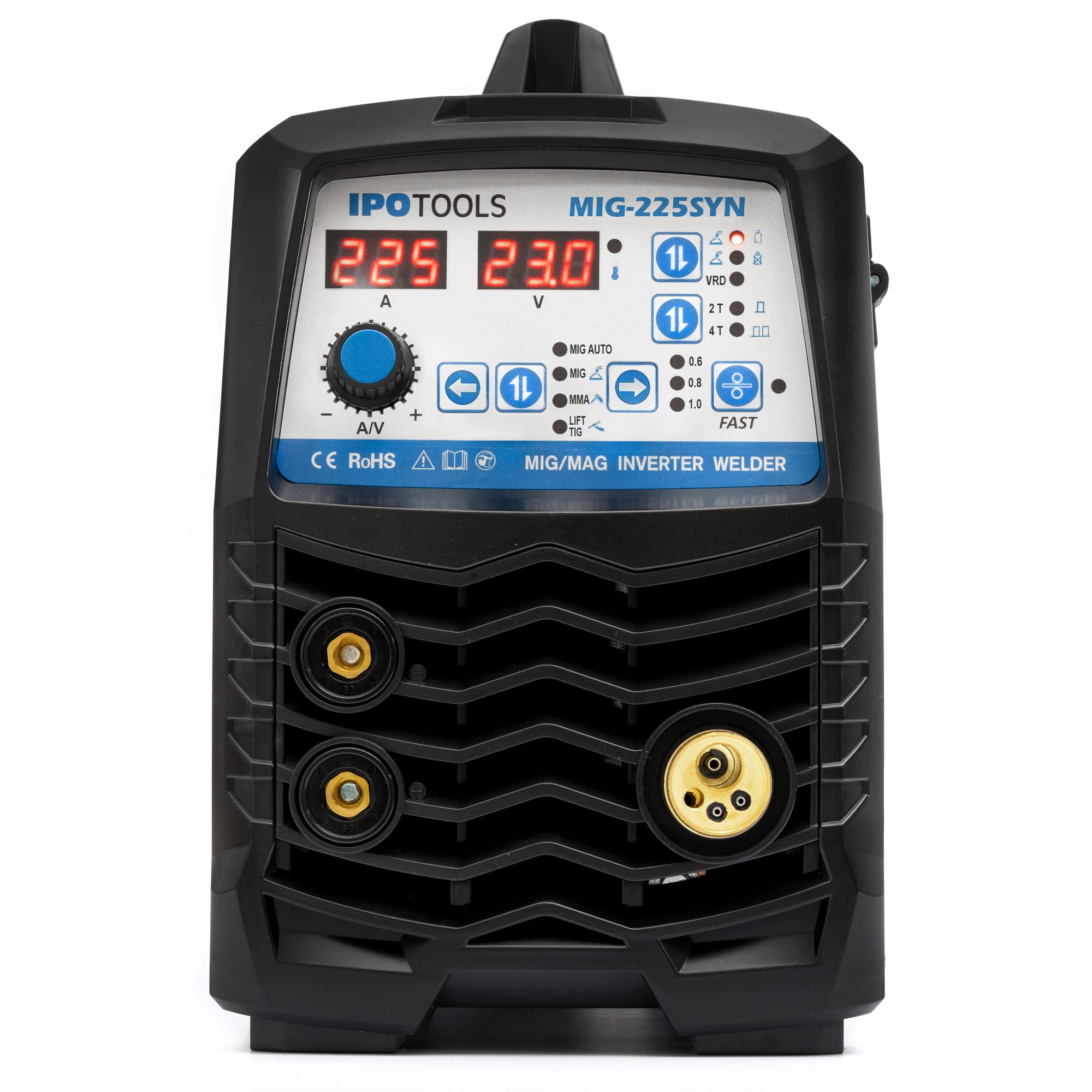 IPOTOOLS MIG-225SYN Inverter Schweißgerät MIG MAG - Schutzgas Schweissgerät mit 225 Ampere/Synergic Funktion/Fülldraht und Elektroden/E-Hand/Digitalanzeige/IGBT / 230V / 7 Jahre Garantie