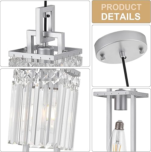 Miniatura 3 de lighceac Moderna lámpara colgante plateada para isla de cocina y comedor, lámpara industrial pequeña colgante de cristal para dormitorio, entrada,
