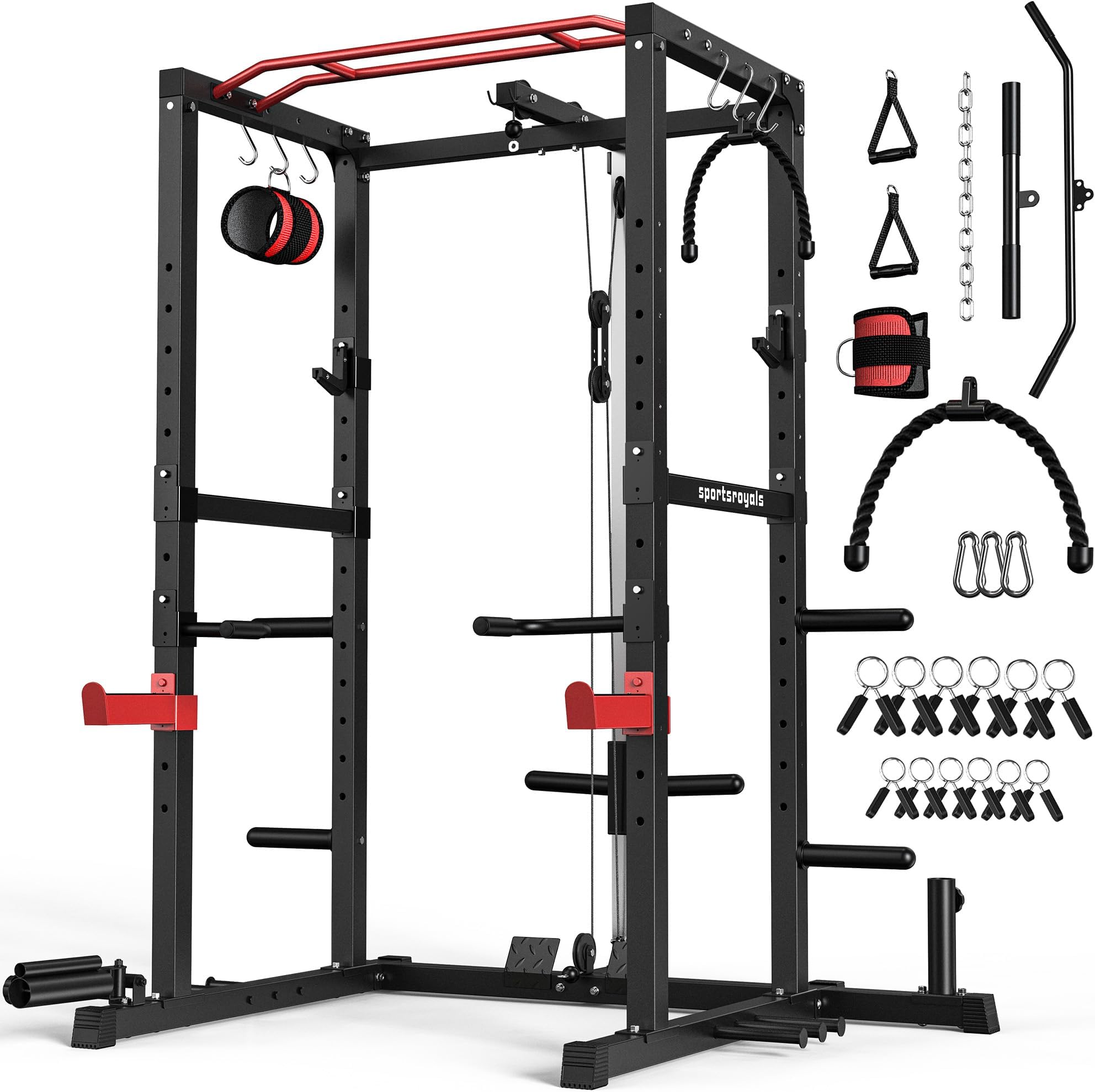 Sportsroyals Power Rack, Multi-Functional Power Cage with LAT Pulldown Pulley System, Squat Rack with More Training Attachments for Home Gym (Red)，1200 lbs Weight Capacity