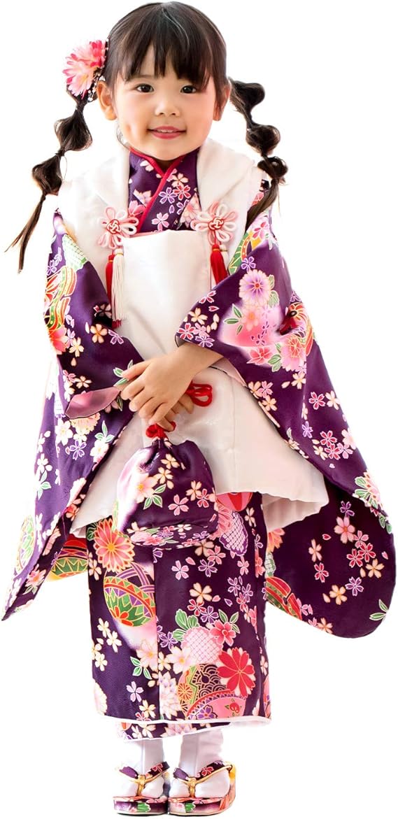Amazon キョウエツ 着物セット 七五三用 3歳用 被布セット 華やかb 9点セット 無地被布 柄着物 伊達衿 長襦袢 髪飾り 巾着 草履 腰紐 足袋 ガールズ 26 11 A1 着物 浴衣 通販