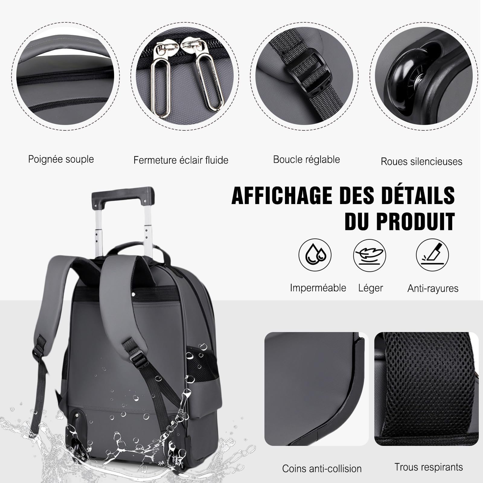 FANDARE Sacoche à roulettes pour 15.6 Pouces Ordinateur Portable Hommes Enseignant Mallettes avec roulement Rapide Sac voyage Trolley Sacs à dos urbain Rolling Laptop Bag Imperméable PU Film