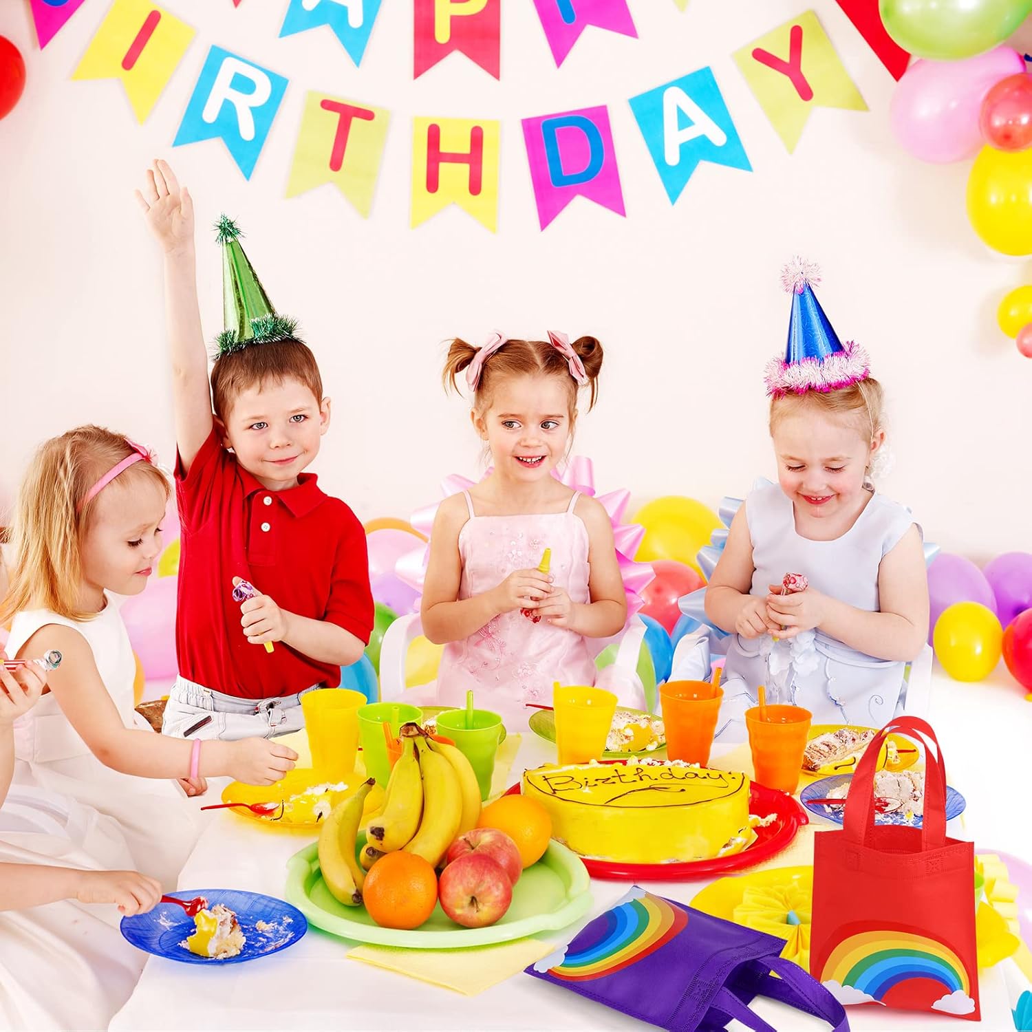 MIMIND 24 Pack Rainbow Non-woven Party Favor Bags 7.9×7.9 Inch Rainbow Gift Bag Reusable GoodieTreat Bags with Handles for Birthday Party - Image 6