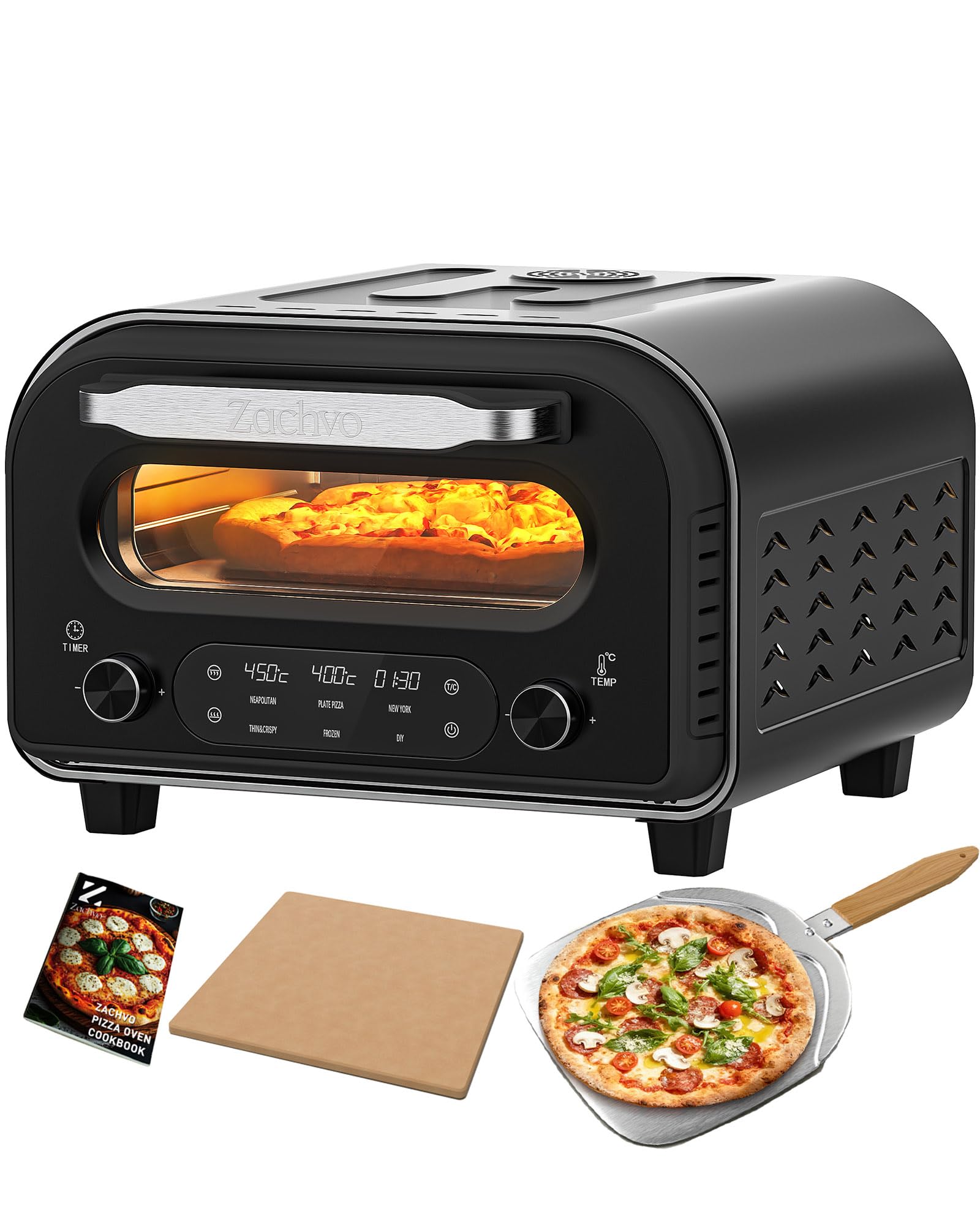 Elektrischer Pizzaofen - bis 450℃, 5 voreingestellte Pizzaarten, 1-60 Min Timer, Touchscreen & Drehregler, Edelstahlgehäuse, für 32cm Pizza, inkl. Pizzastein, Pizzaschieber, Rezeptbuch, Schwarz,HF1201