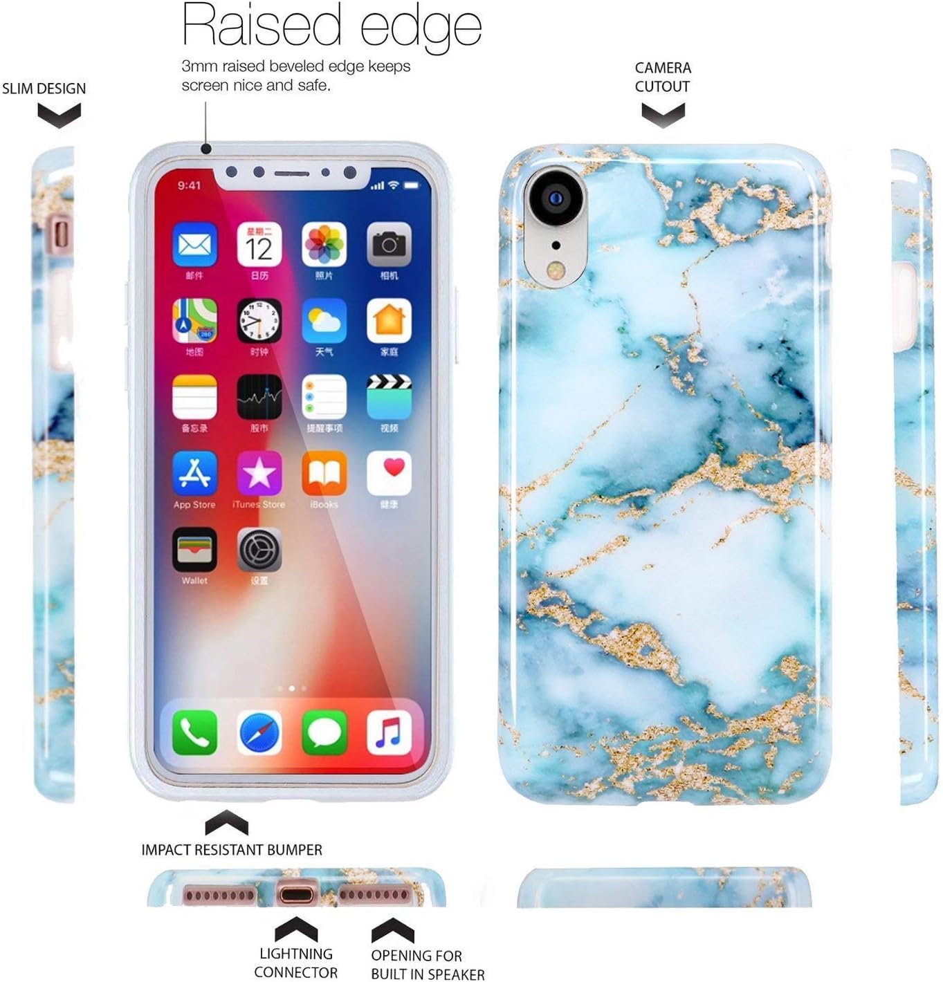 LUOLNH Compatible with iPhone XR Case,Aquamarine and Gold Marble Design Slim Shockproof Flexible Soft Silicone Rubber TPU Bumper Cover Skin Case for iPhone XR 6.1 inch (2018)