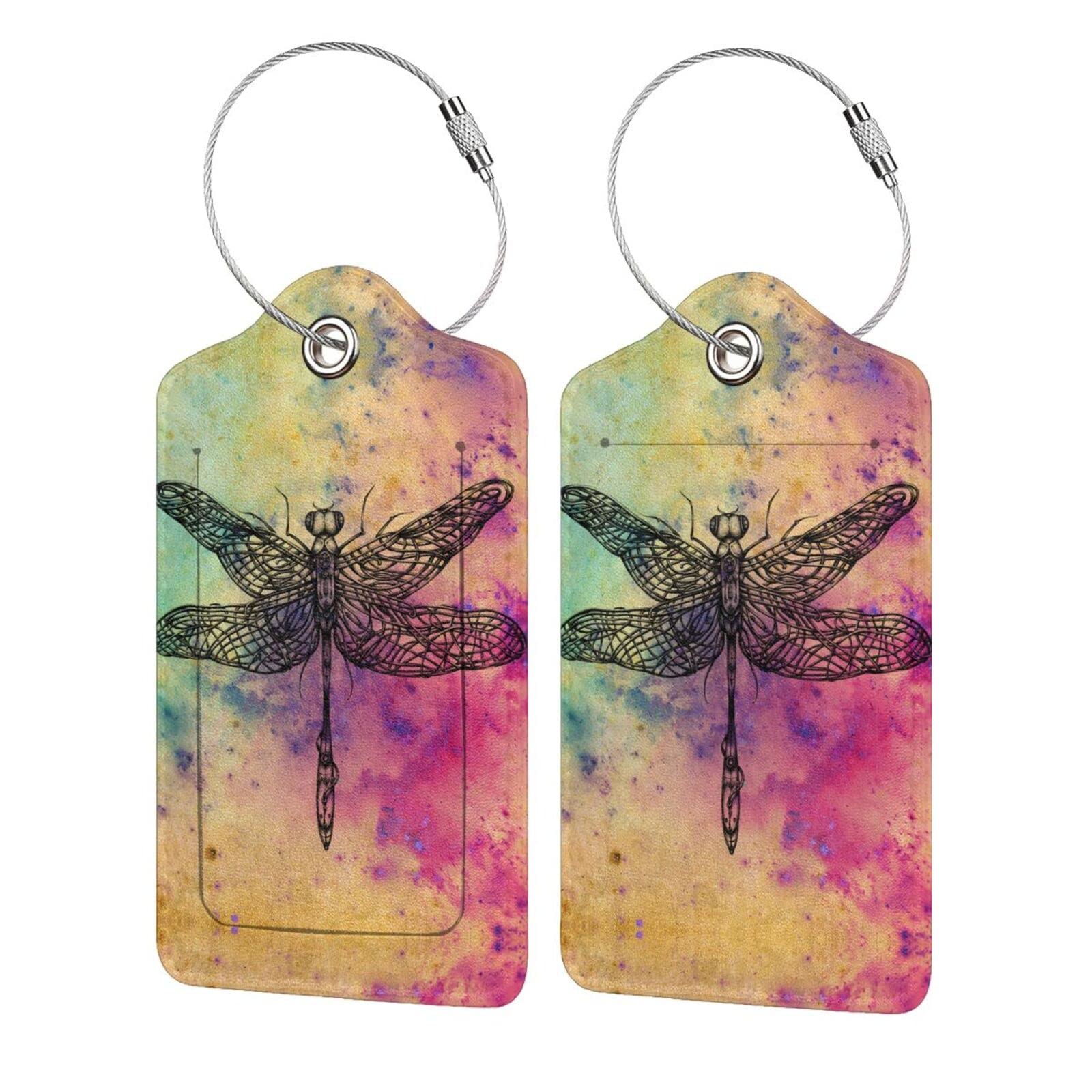 Dragonfly 2 Pcs Luggage Tags, Privacy Cover Id Label with Stainless Steel Loop and Address Card for Suitcases & Travel Bags