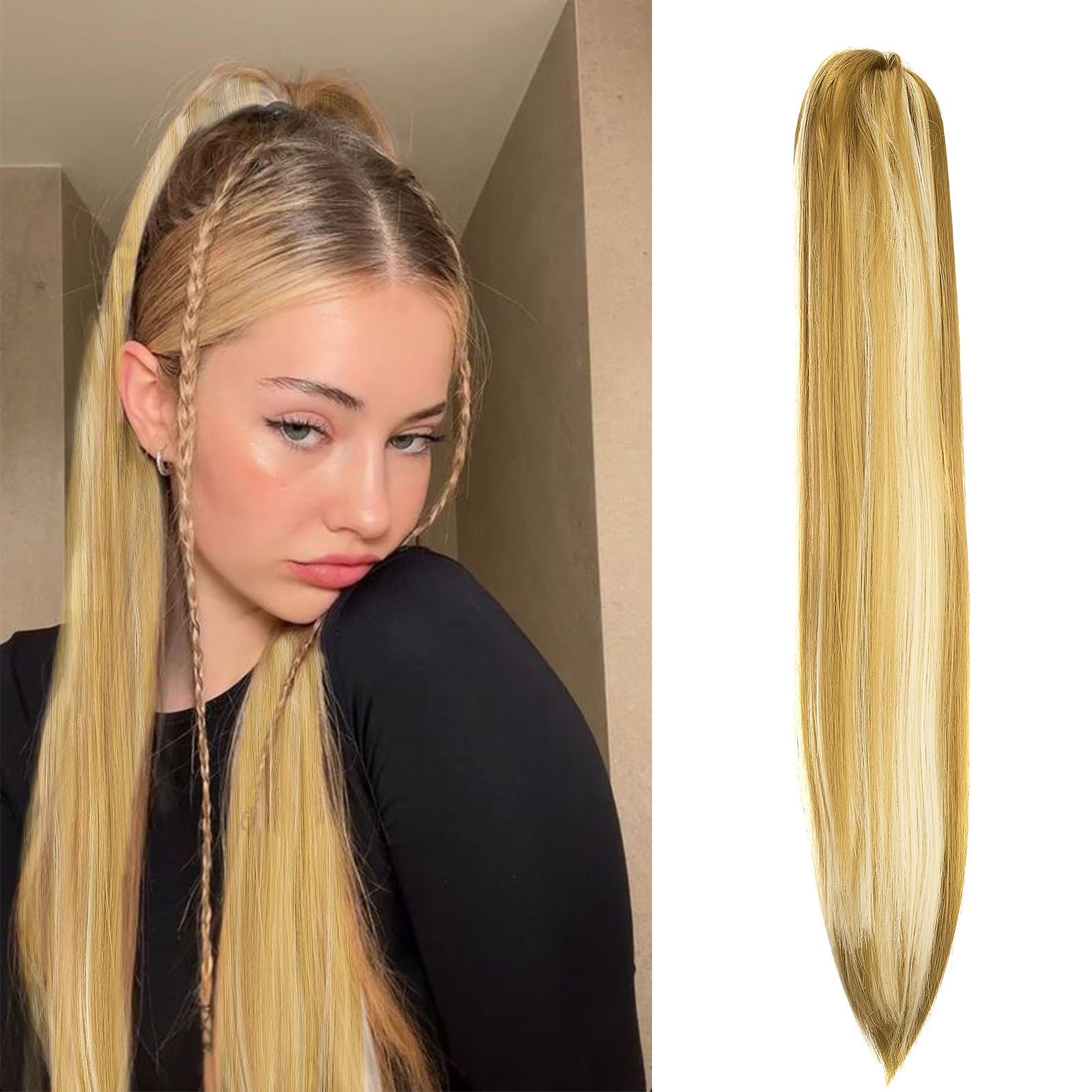 Cybelleza 20inch Ponytail Hair Extensions Straight Ponytail Claw Jaw on Long Straight Pony Tails Clip in Hair Extensions Synthetic Hair pieces for Women Dark Blonde & Bleach Blonde