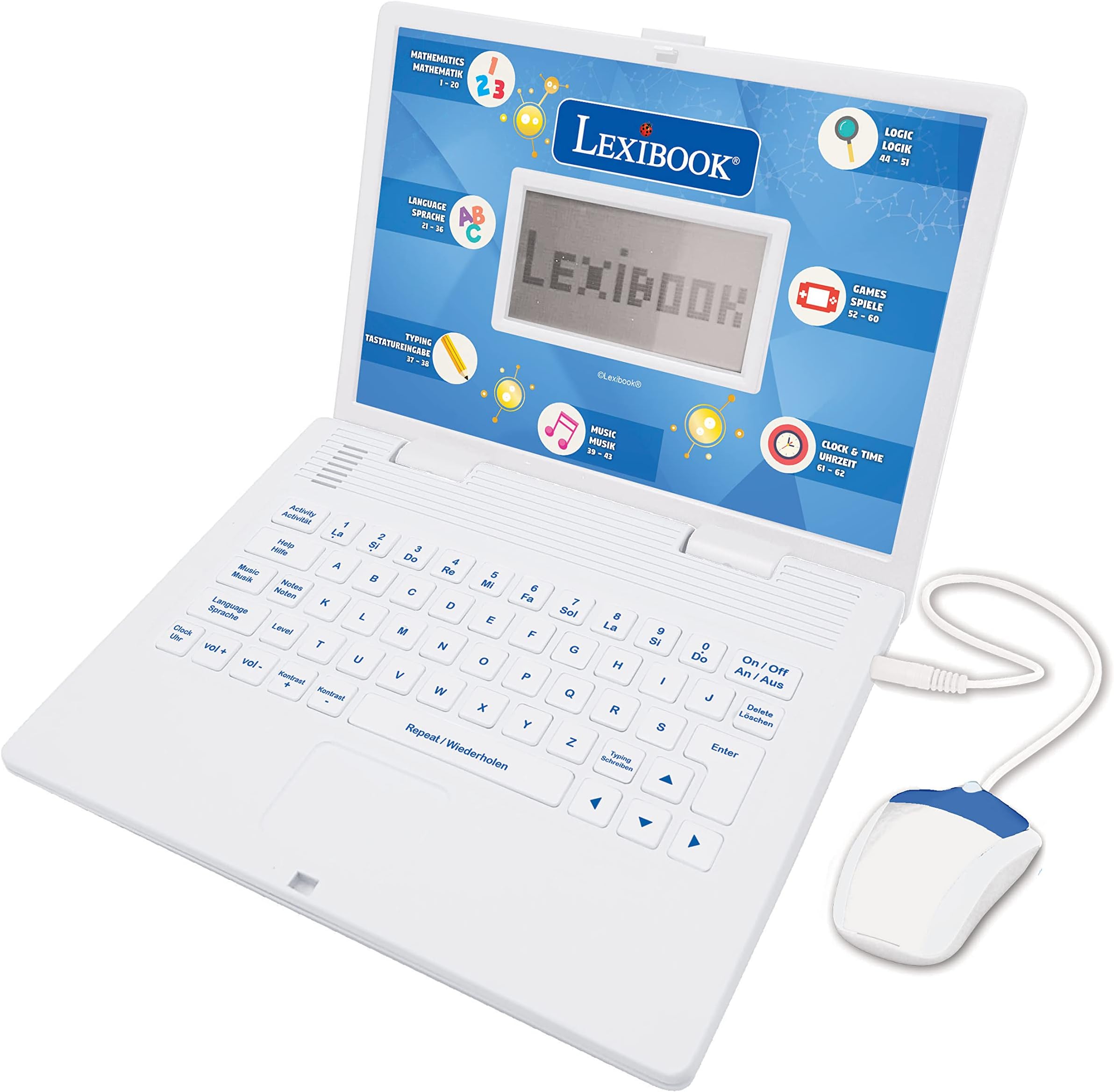 Educational and Bilingual Laptop German/English, Toy with 124 Activities to LearnMathematics, Dactylography, Logic, Clock Reading, Play Games and Music, Play Games and Music, White, JC598i3