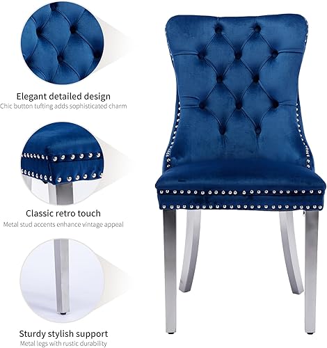 Miniatura 5 de Juego de 2 sillas de comedor de terciopelo, sillas de comedor copetudas de mediados de siglo con anillo trasero de cabeza de clavo, patas de metal,