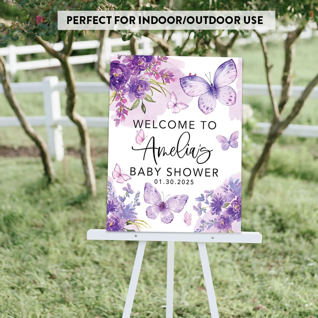 Andaz Press Butterfly Baby Shower Decorations, 16" X 20" A Little Butterfly Is On Her Way, Personalized Baby Shower Welcome Sign, Purple Florals Sign In Guest Book Alternative