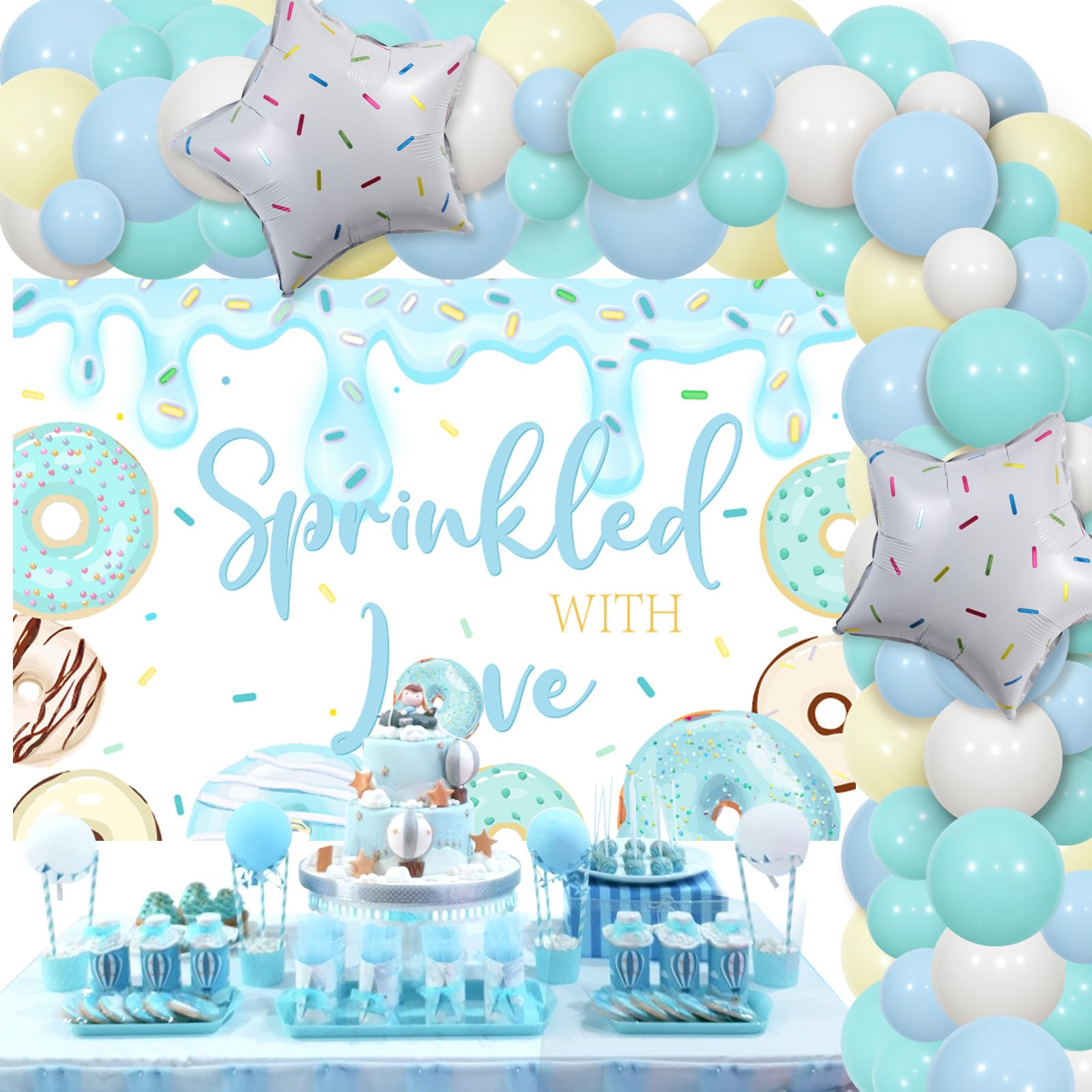 Donut Sprinkle Baby Shower Decorations Boy - Blue Sprinkled with Love Decorations with Backdrop Teal Balloon Garland Arch Kit, Stars Donuts Foil