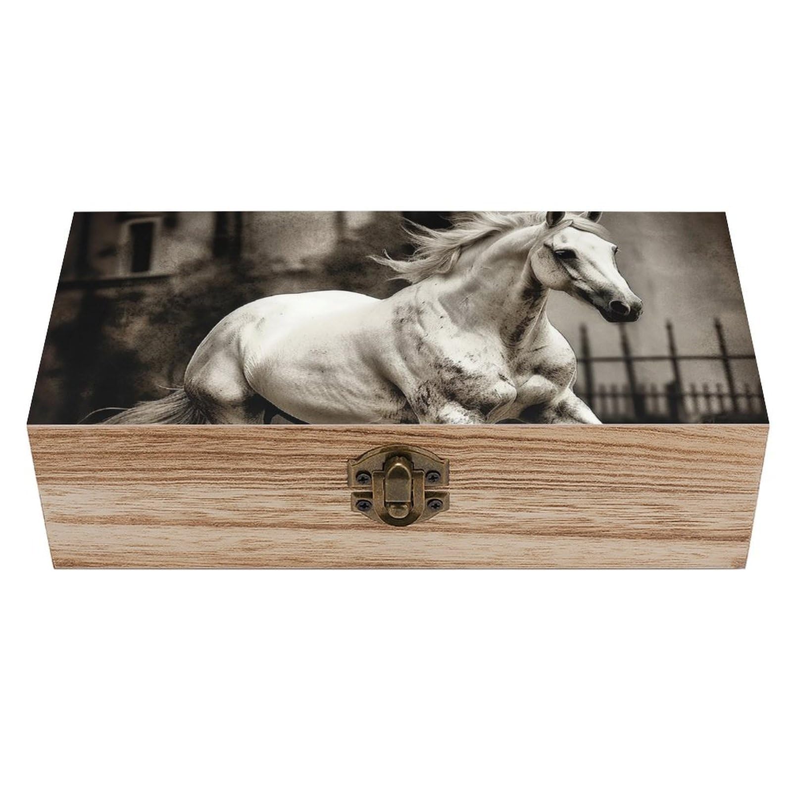 FekiLoot White Horse Wooden Keepsake Box Decorative Wood Storage Organizer with Hinged Lid Large Handmade Boxes Wedding Memory Treasure Box for Jewelry Photos Stamps Crafts