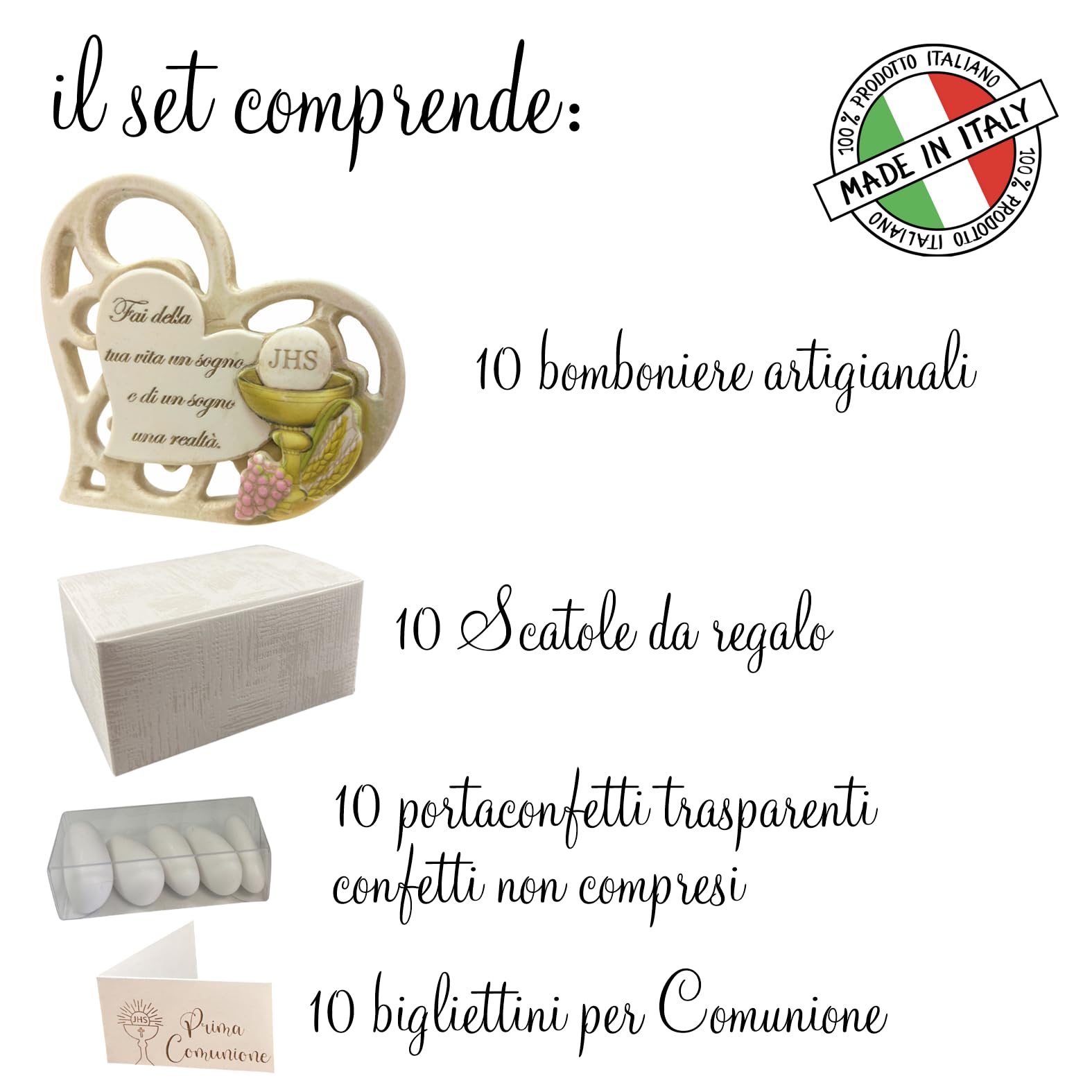 Regalami 10 Bomboniere Prima Comunione in Marmo di Carrara – Artigianale con Calice in Rilievo e Frase Incisa – Elegante Scatola Regalo – Bomboniere Fatte a Mano in Italia