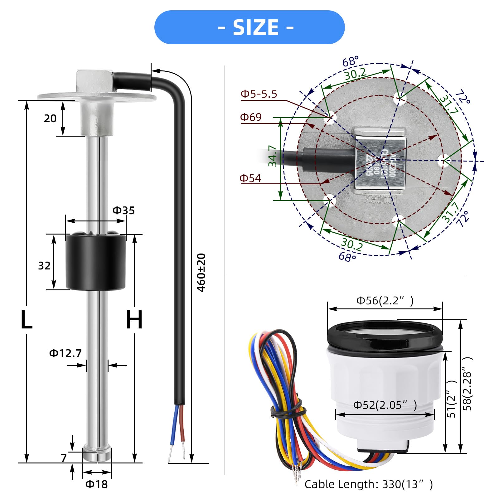 Kraftstoffstandsanzeige mit 300mm Kraftstoffstandssensor, 0-190ohms 7 Hintergrundbeleuchtung Universal Auto Kraftstoffstandsanzeige Tankuhr mit Wasserstandssensor Kraftstoffsensor für, Boot, Wohnmobil