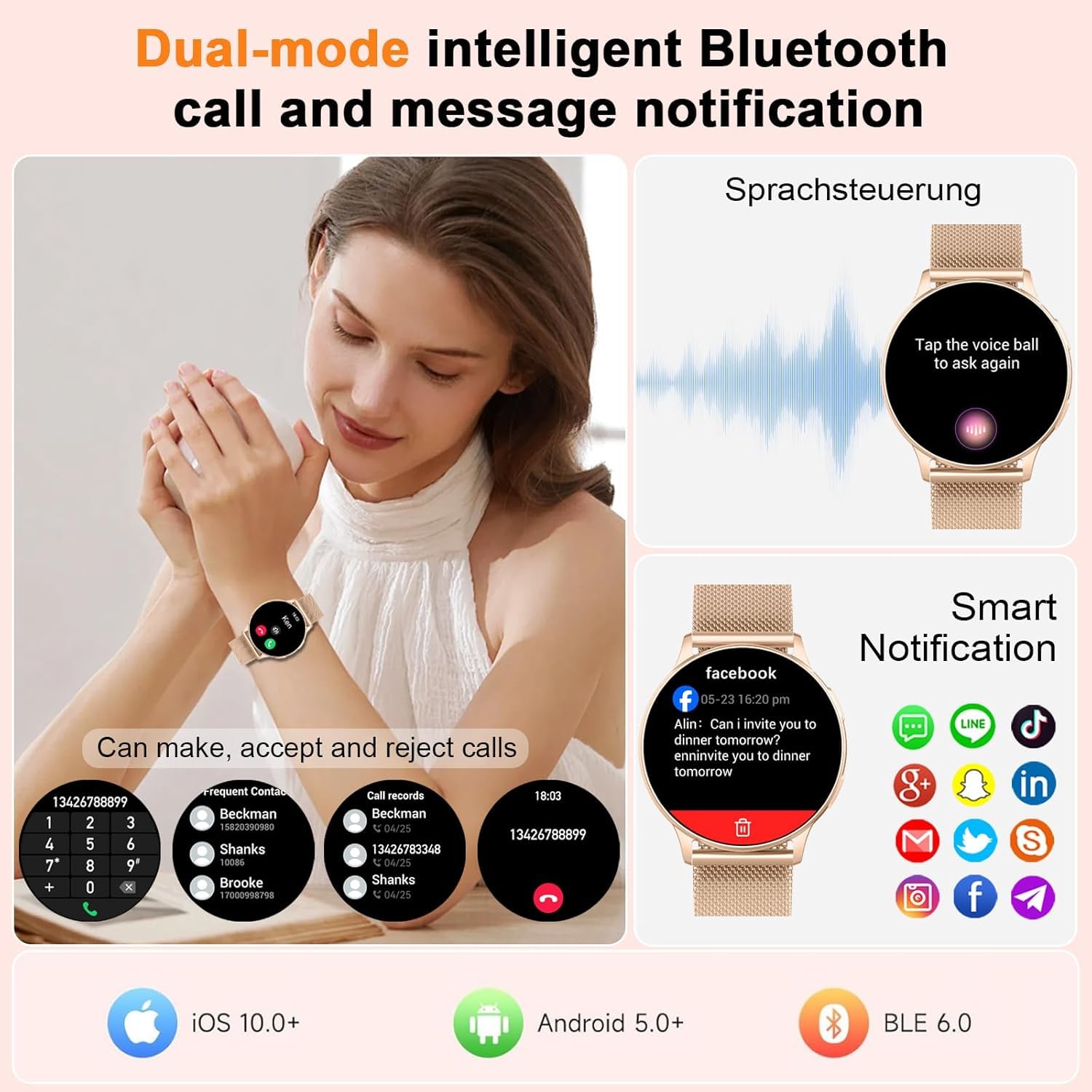 Montre Connectée Femme avec Appel Bluetooth, 1.32" Smartwatch avec Fréquence Cardiaque/SpO2/Sommeil Montre, 120+ Mode Sportifs Montre, IP68 étanche Fitness Podomètre Compatible pour Android iOS