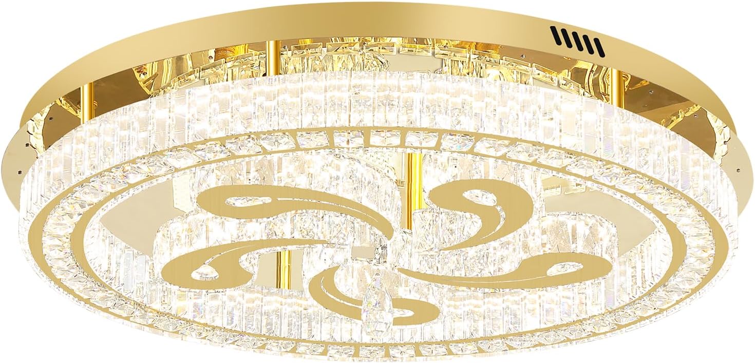Modern Crystal Chandeliers for Dining Room Flush Mount Ceiling Chandelier for Living Room Dining Room Ring LED Crystal Ceiling Light (Round,32in Gold,Dimmable 2700K-6500K)
