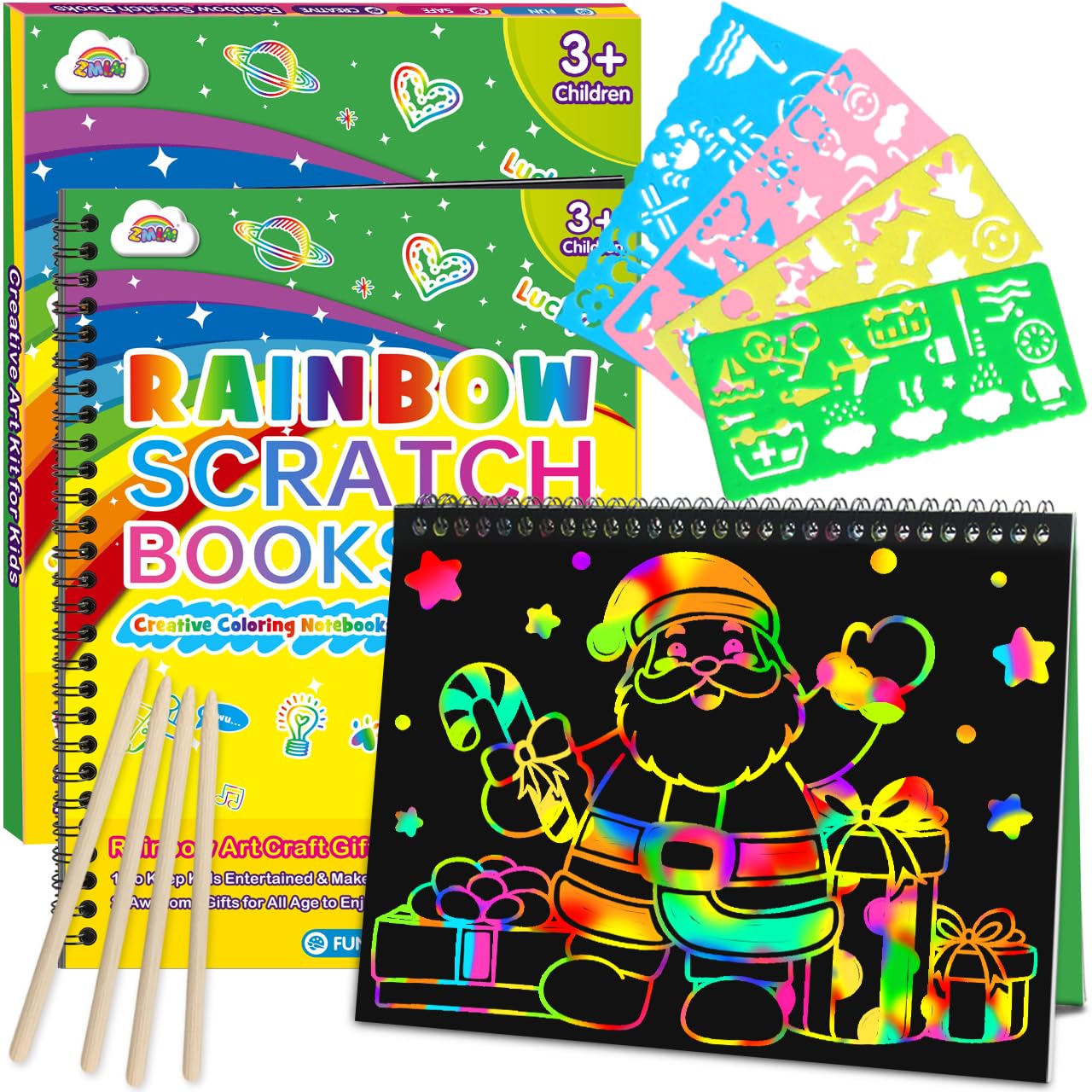ZMLM Scratch Paper Art Craft: 2 Pack Rainbow Scratch Set for 3 4 5 6 7 8 9 10 Years Old Girls Boys Students Drawing Coloring Black Magic Art Supplies Kits Gifts School Birthday Party Toys(Classic)