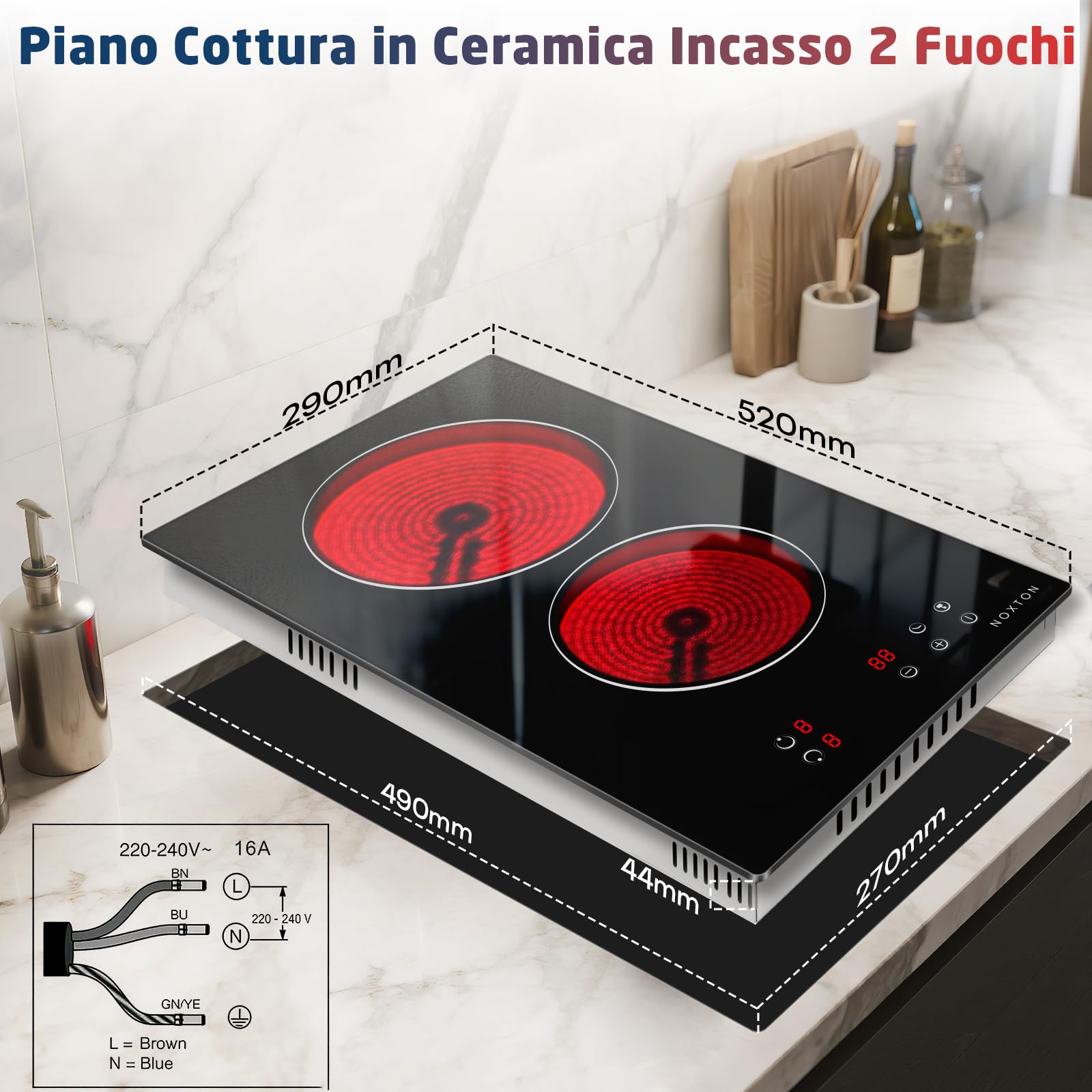 Piano Cottura Vetroceramica 2 Fuochi, 30cm Ceramica Cucina Incasso, 3000W | Piastra Elettrica, Toccare, Timer, Serratura di Sicurezza, Fornello Elettrico 2 Piastre per Maggior Pentola