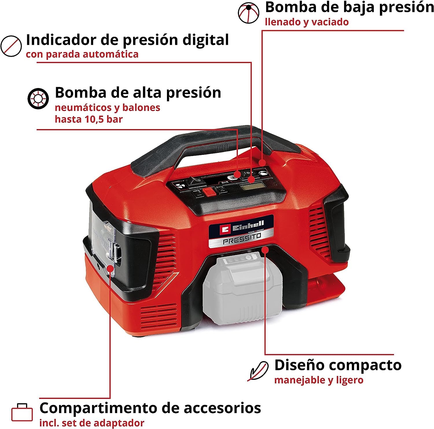 Einhell Compresor con batería PRESSITO 18/21 Power X-Change (iones de Li, 18V, bomba de alta y baja presión, indicador de presión digital, función de apagado de auto, sin batería ni cargador)
