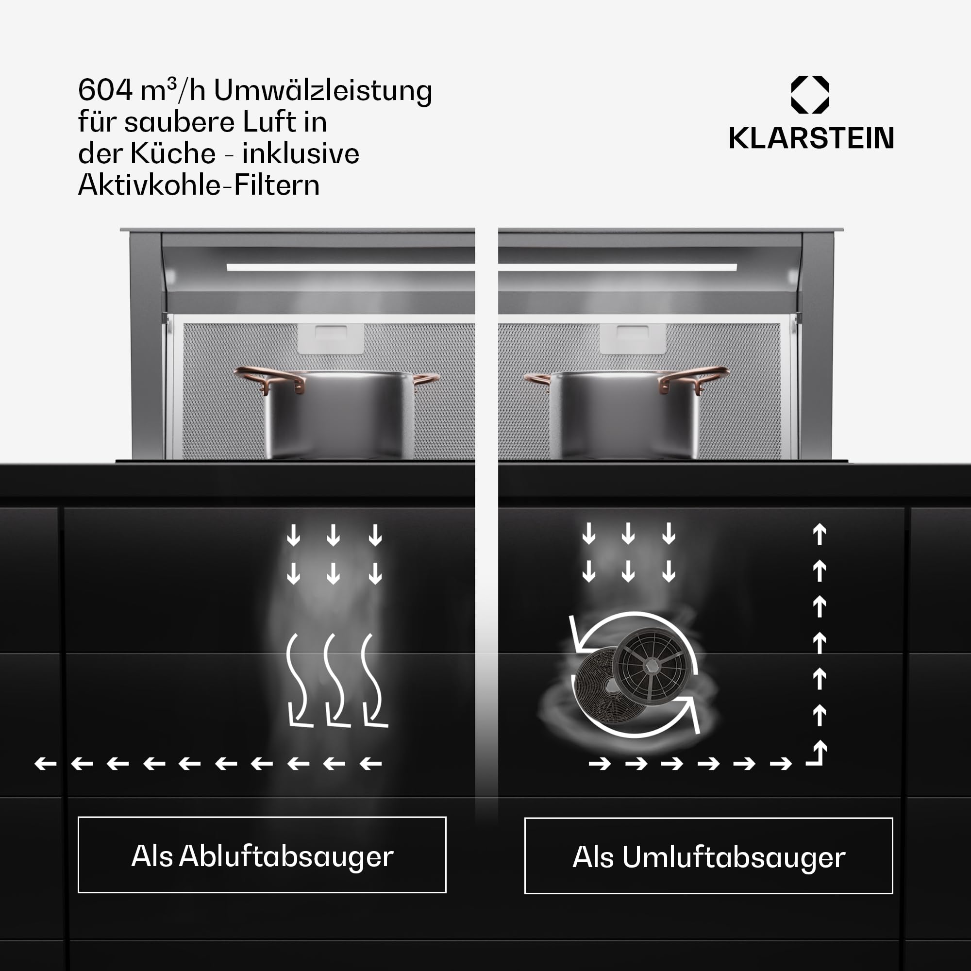 Klarstein Downdraft-Dunstabzugshaube 90cm, Versenkbare Abluft/Umluft, 576m³/h, LED, Touch-Bedienfeld