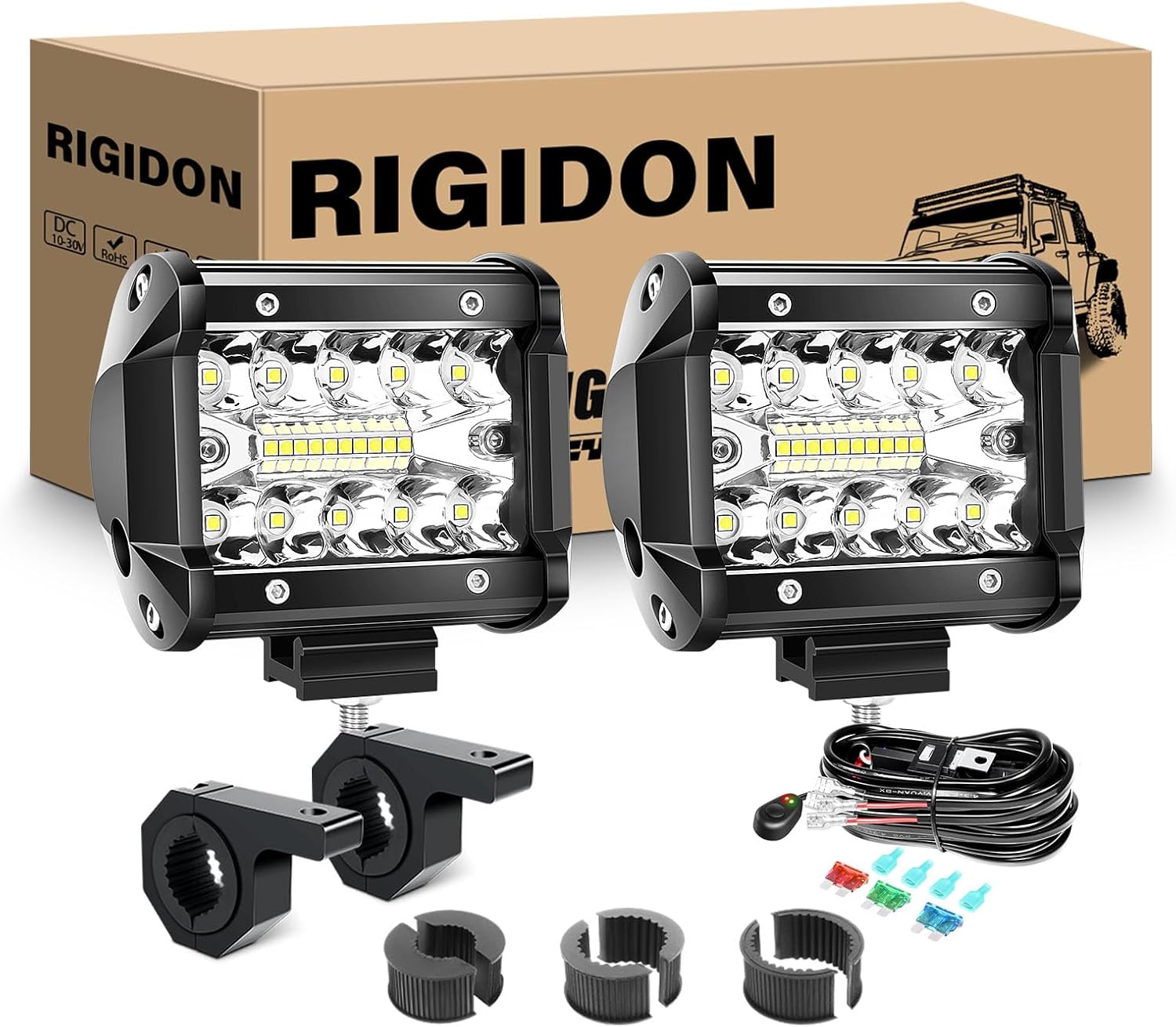 RIGIDON 2PCS 60W 8D Flood Spot Combo LED Fog Light 2PCS Light Bar Mounting Bracket Clamp Bracket with Work Light Wire Harness Kit for ATV SUV Off Road Truck Pickup