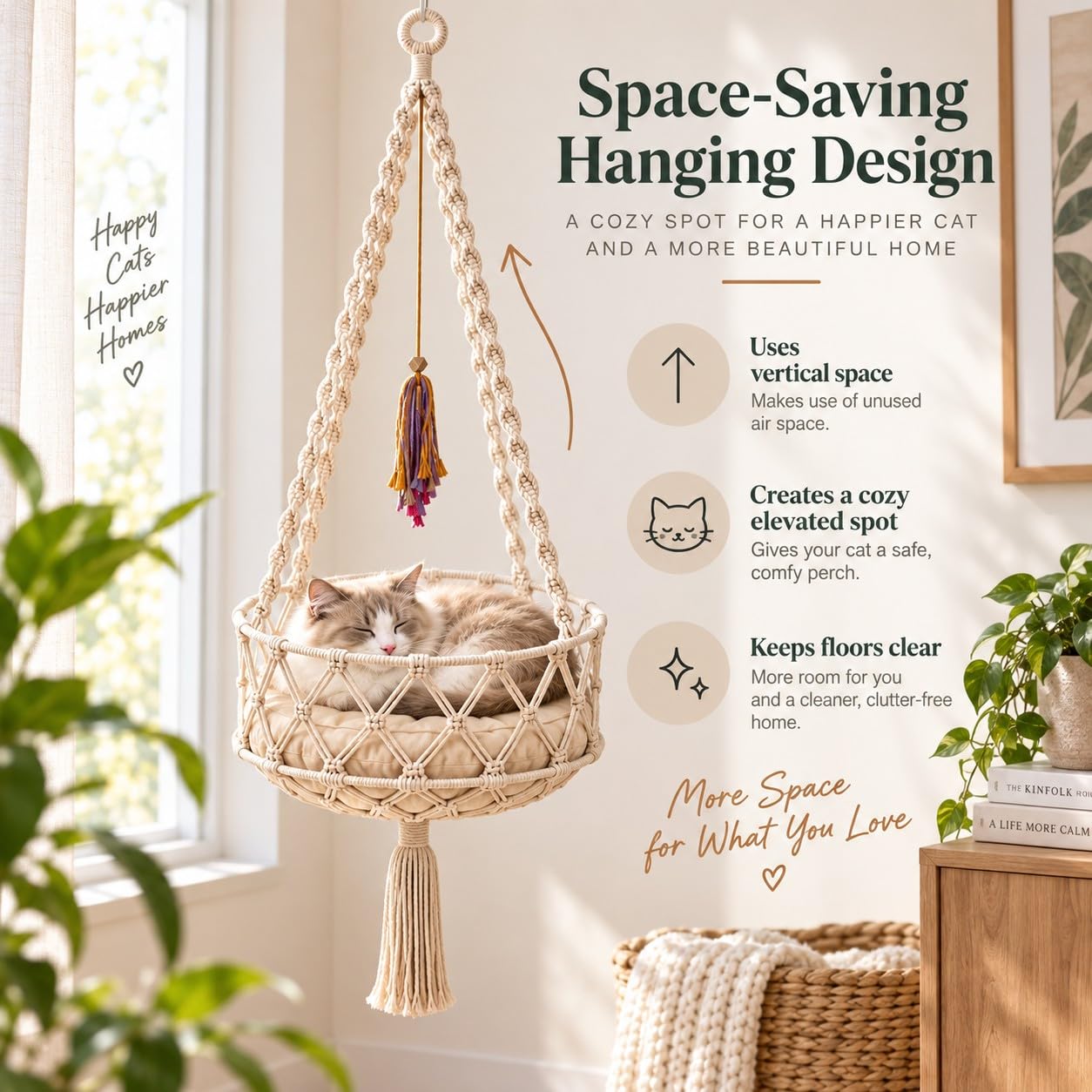 Hamaca para gatos Boho con cojín extraíble, beige-B-L: 50 cm