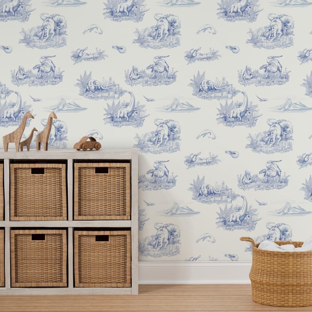 Spoonflower Peel & Stick Wallpaper 3ft x 2ft - Dinosaur Toile Du Jouy Blue Ink Kids Baby Brontosaurus Stegosaurus Custom Removable Wallpaper
