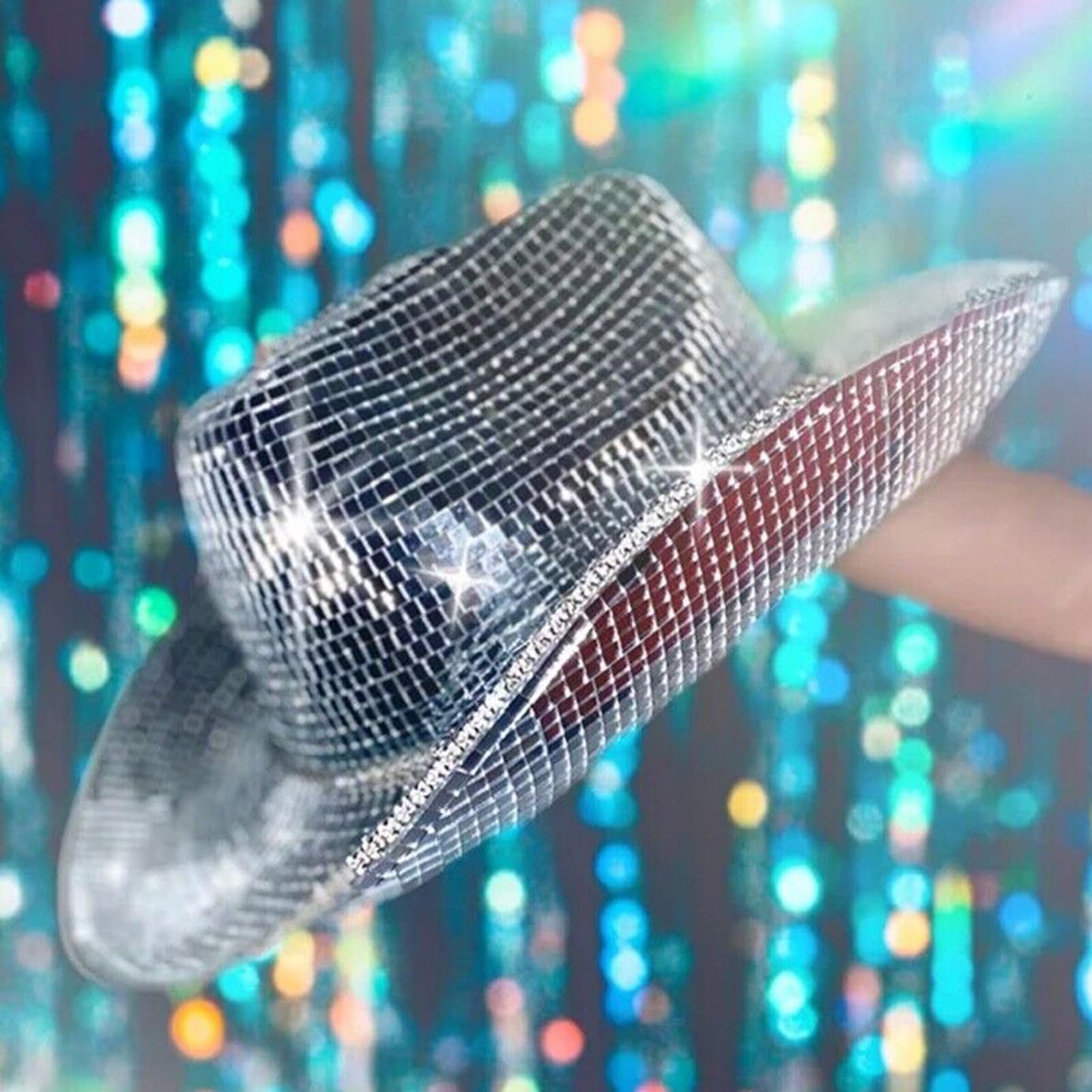Morain Cappello da cowboy, cappello per dj, cappello da festa con paillettes, per palcoscenico, club, feste, danza, Fondo con vetro, 3-4