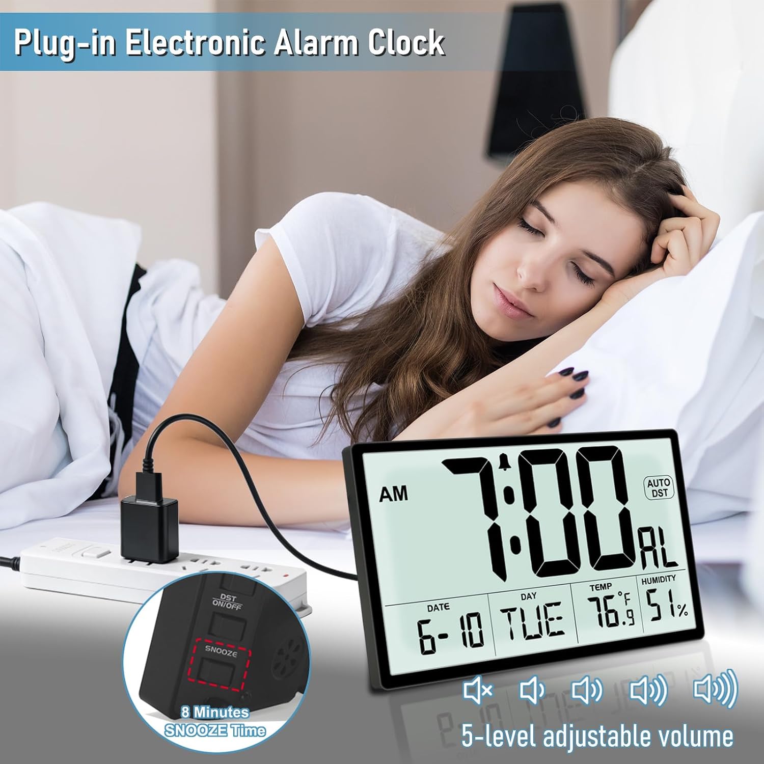 9" Narrow Bezel Digital Wall Clock, Auto Backlight Large Digits, Temp Humidity Auto DST Dual Power Alarm Clock Black