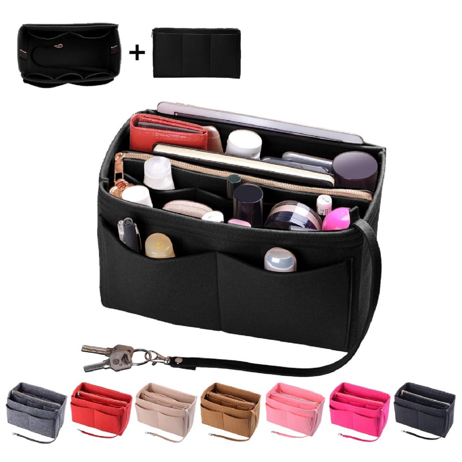 ZTUJOZTUJO Purse Organizer Insert, Felt Bag Organizer with Metal Zipper, Handbag & Tote Shaper, For Speedy Neverfull Tote, 7 Sizes, Black, Mini
