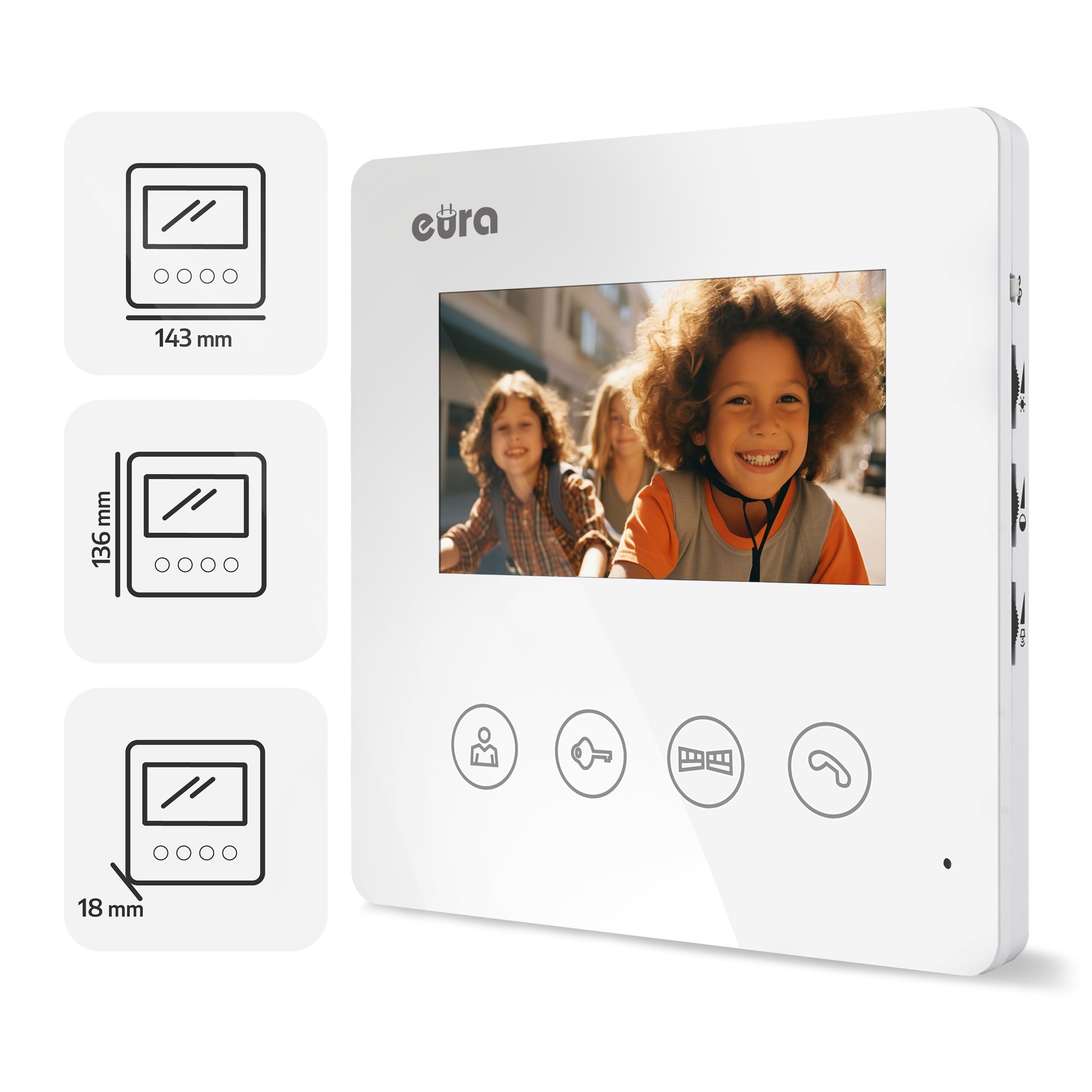 EURA Interphone vidéo VDP-52A3 ATIRA 4 fils, moniteur couleur 4,3 pouces, 2 entrées, 1 moniteur, blanc